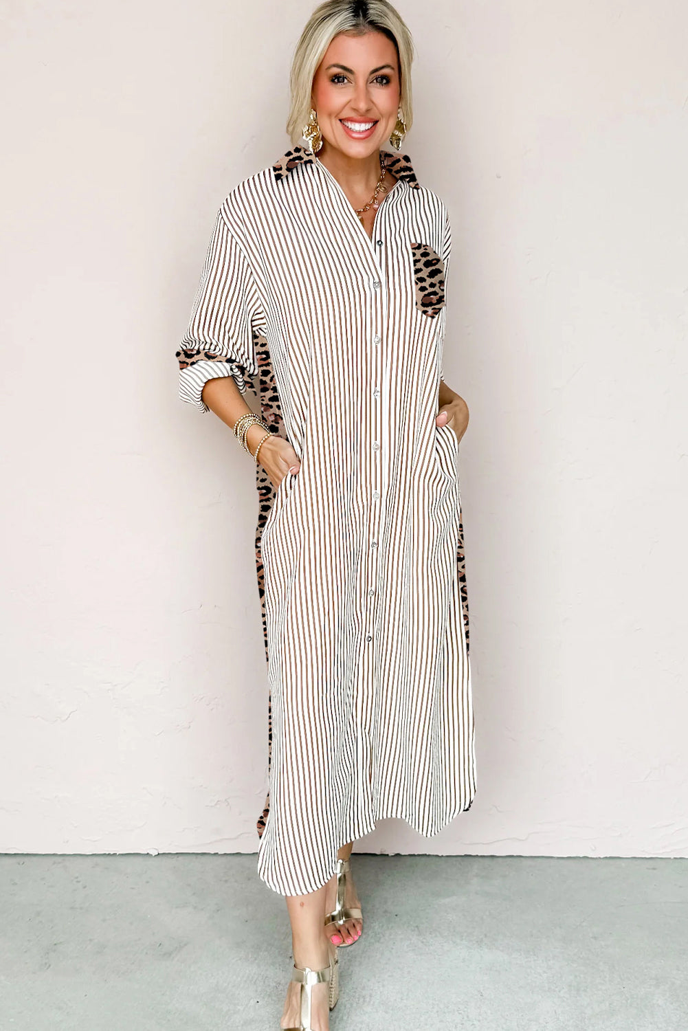 Sky Blue Stripe Contrast Leopard Patchwork Long Shirt Dress with Slits