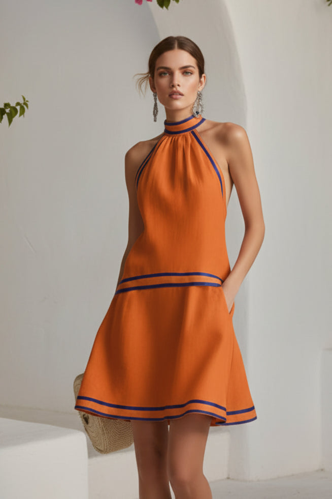 Women's Striped Trim Choker Neck Sleeveless Mini Dress FitiqueFit