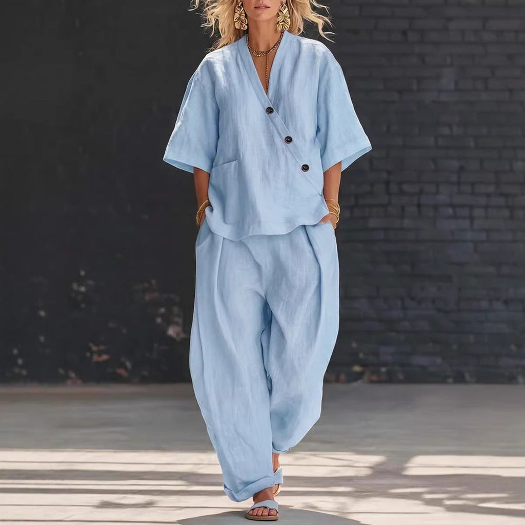 V-Neck Short Sleeve Top & High-Waist Trousers Two-Piece Set FitiqueFit