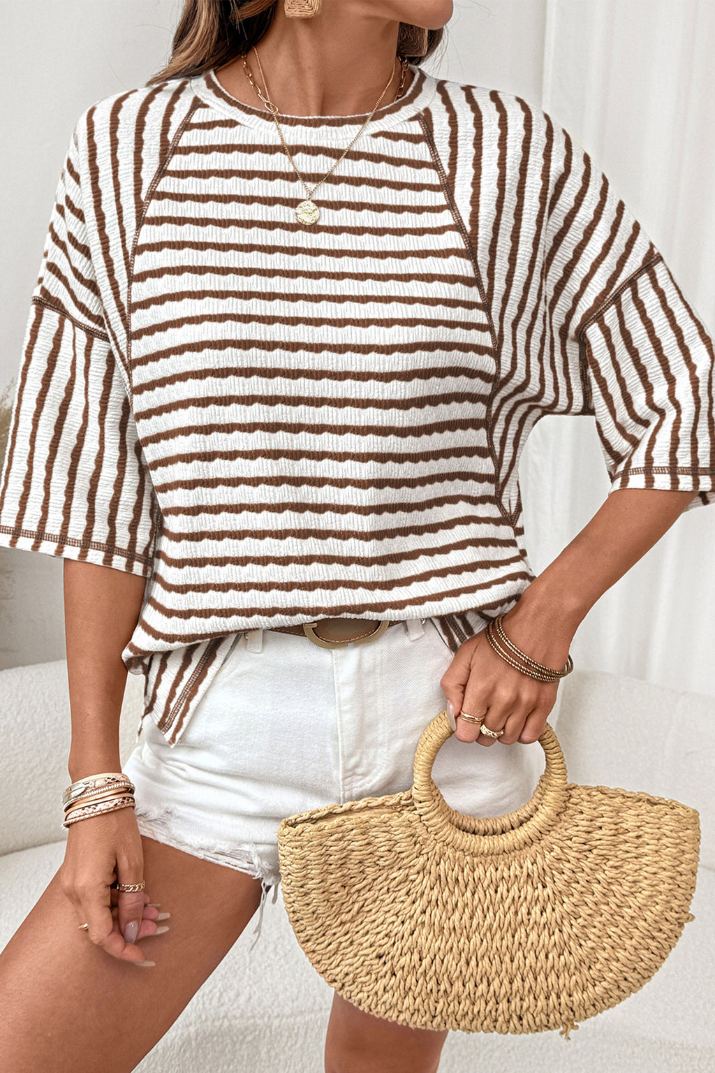 Sky Blue Stripe Textured Knit Split Hem Half Sleeve Loose Top Shewin