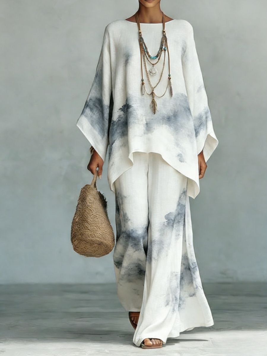 Floral Print Bamboo Linen Two-Piece Set | Wide-Leg Pants FitiqueFit