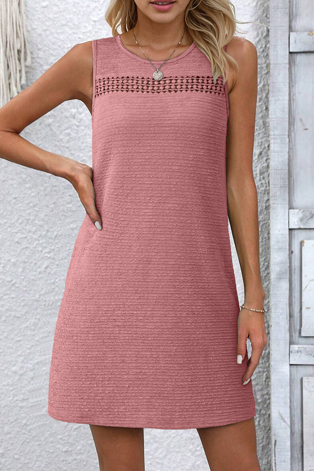 Black Solid Color Textured Lace Hollowed Detail Sleeveless Mini Dress