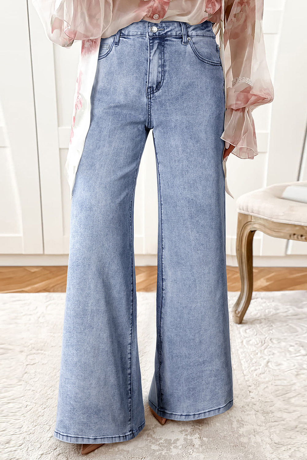 Beau Blue Button Zip High Waist Flared Hem Jeans Shewin