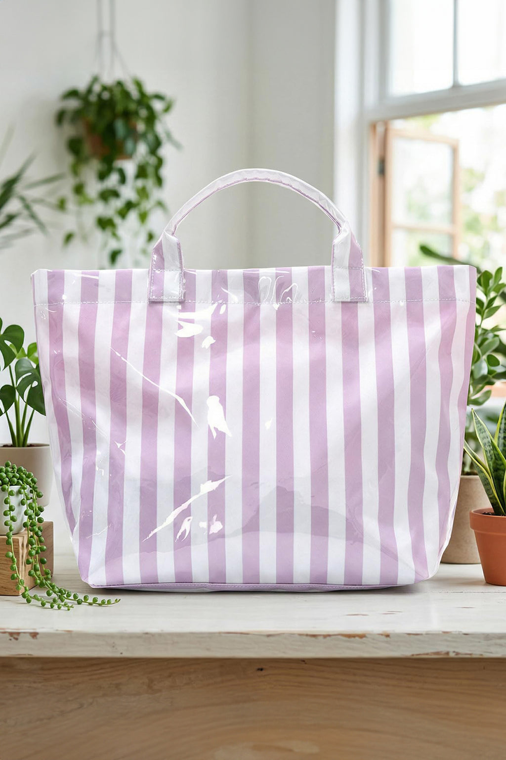 Red Glossy Striped Vinyl Large Tote Bag (Color Varied)