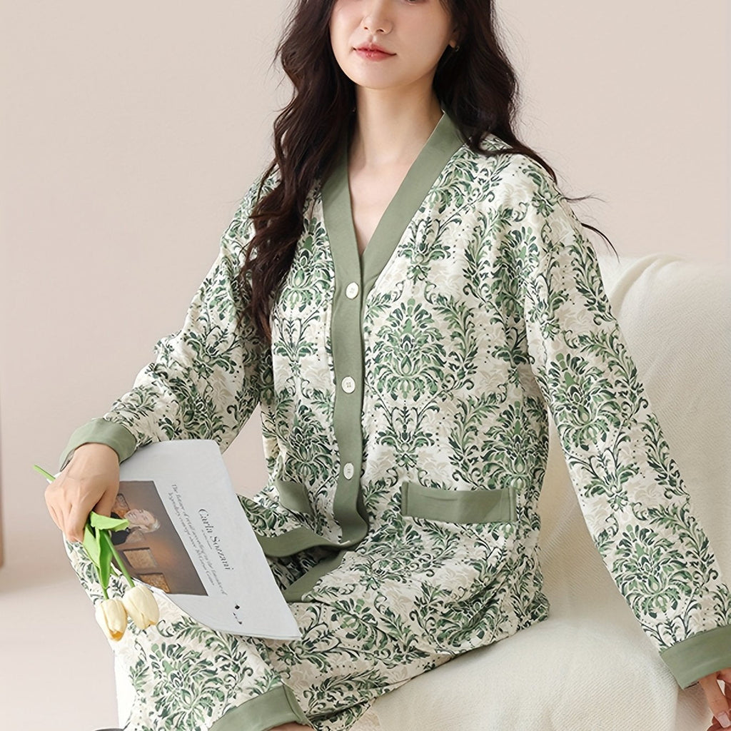 Elegant Womens Floral VNeck Cotton Pajama Set