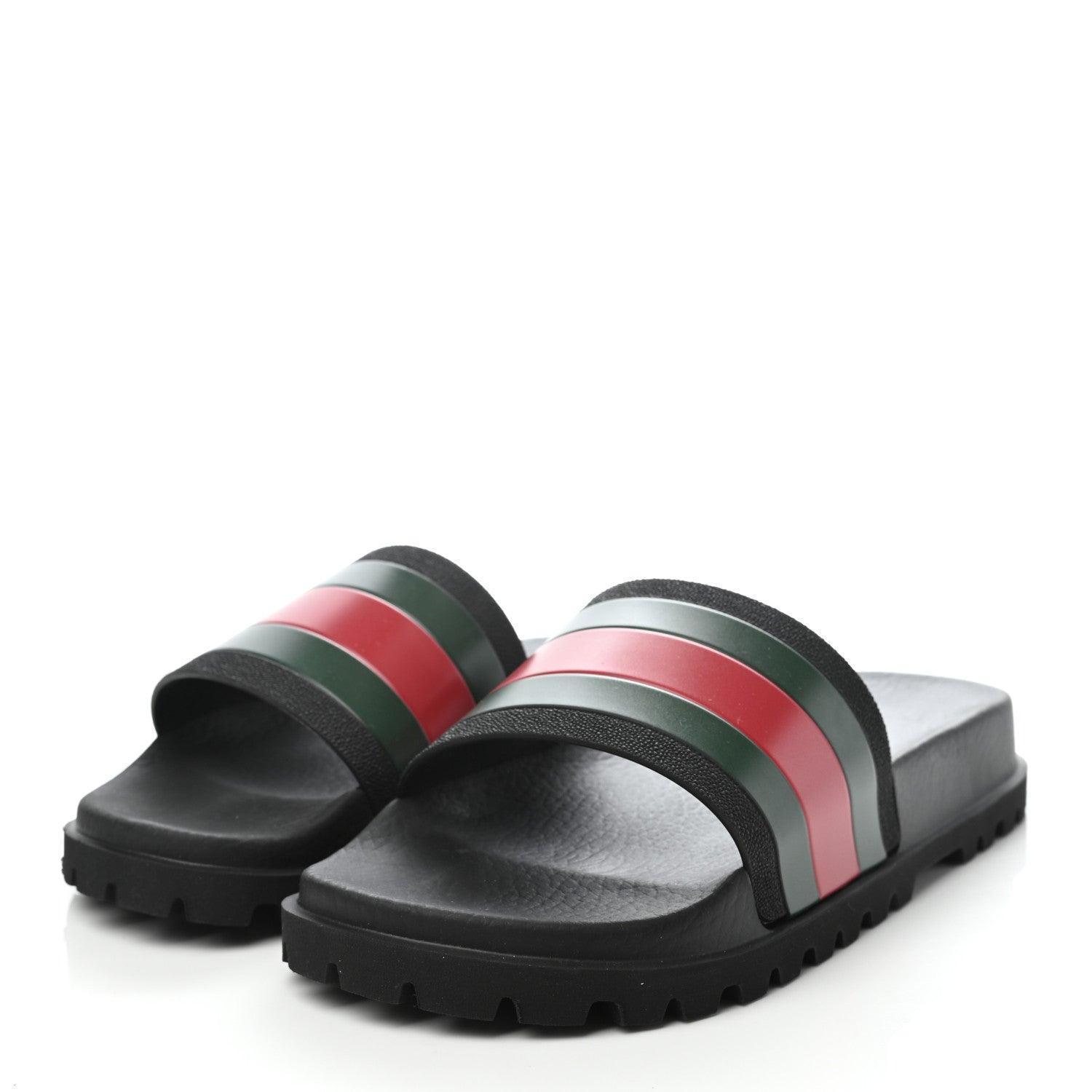 Gucci Rubber Web Mens Lug Sole Slide Sandals  Black Green Red Banlieue91