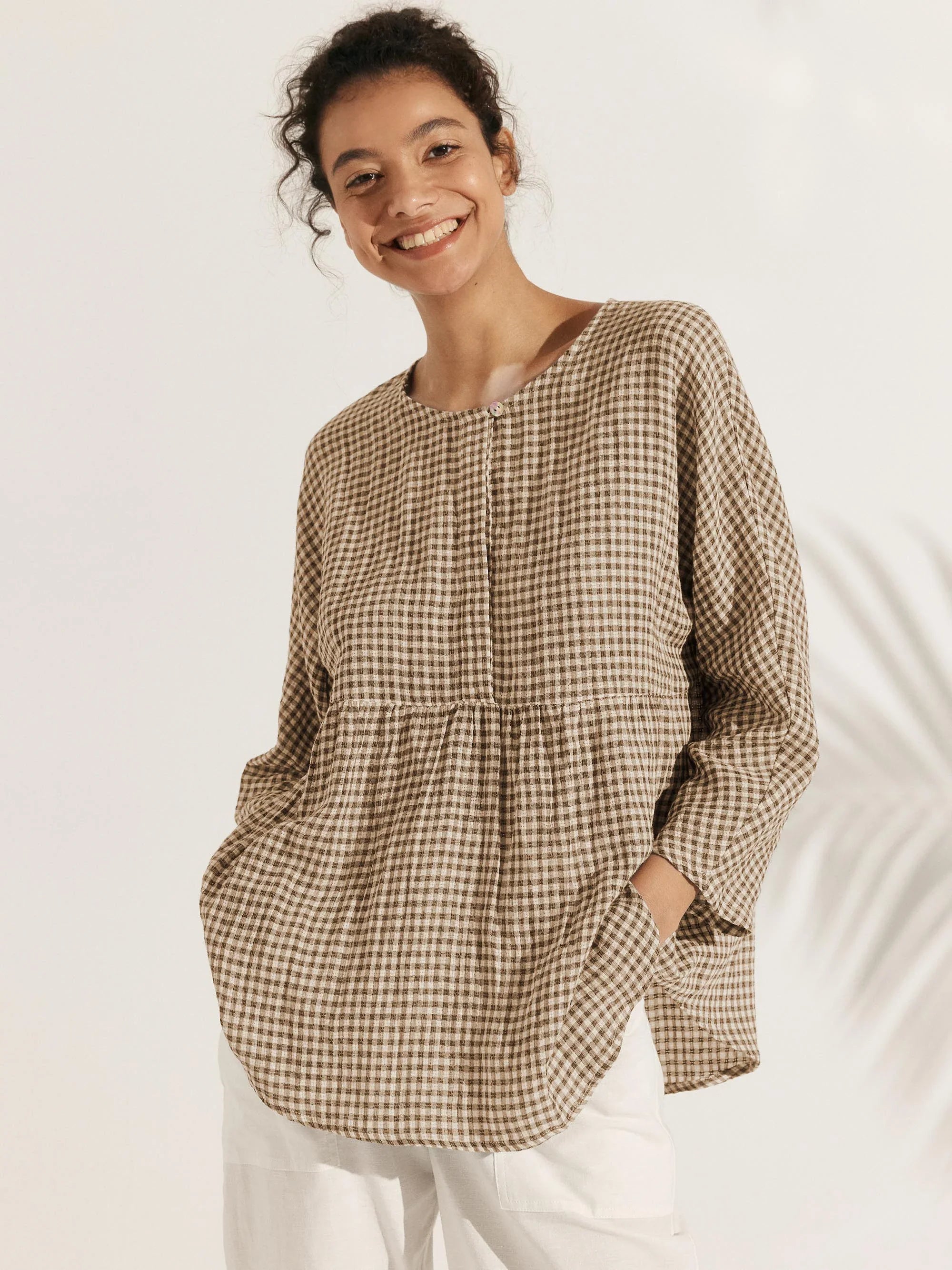 Linen Checked Long-Sleeved Top CAROLINE LINTICO