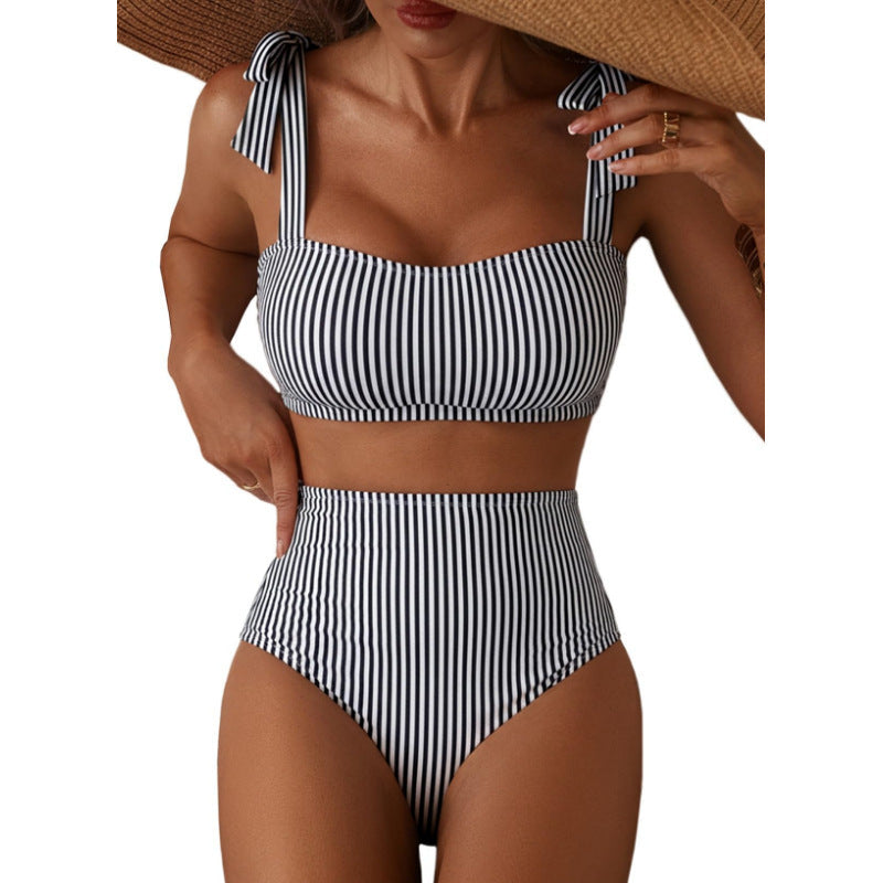 Tie-Shoulder Striped High-Waisted Bikini Set – Two-Piece Swimsuit for Women FitiqueFit