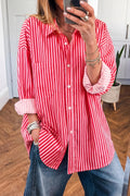 Red Stripe Button-Up Shirt Long Sleeve Patch Pocket Casual Shirt