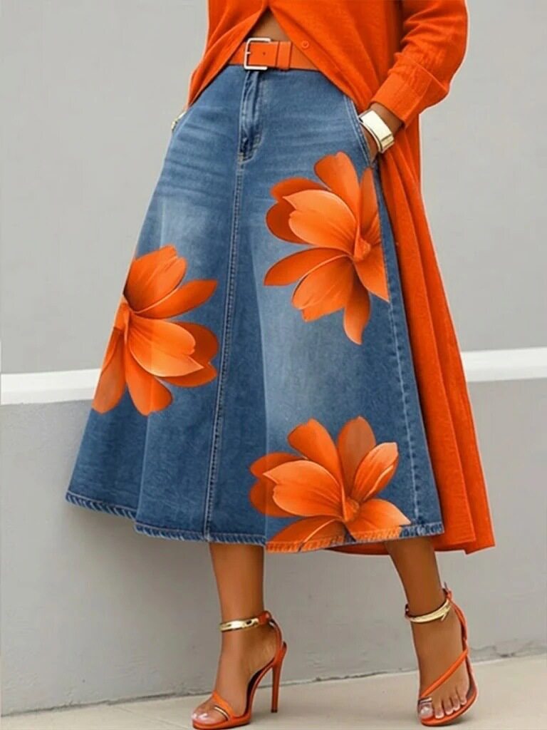Women's Floral Print A-Line Midi Skirt – Denim-Style Boho Skirt FitiqueFit