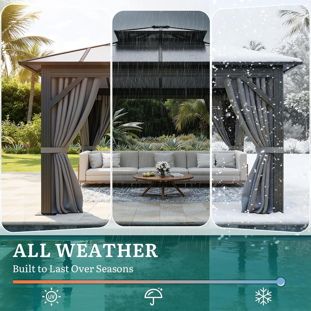 10x10Ft Gazebo With Polycarbonate Roof Netting And Curtains