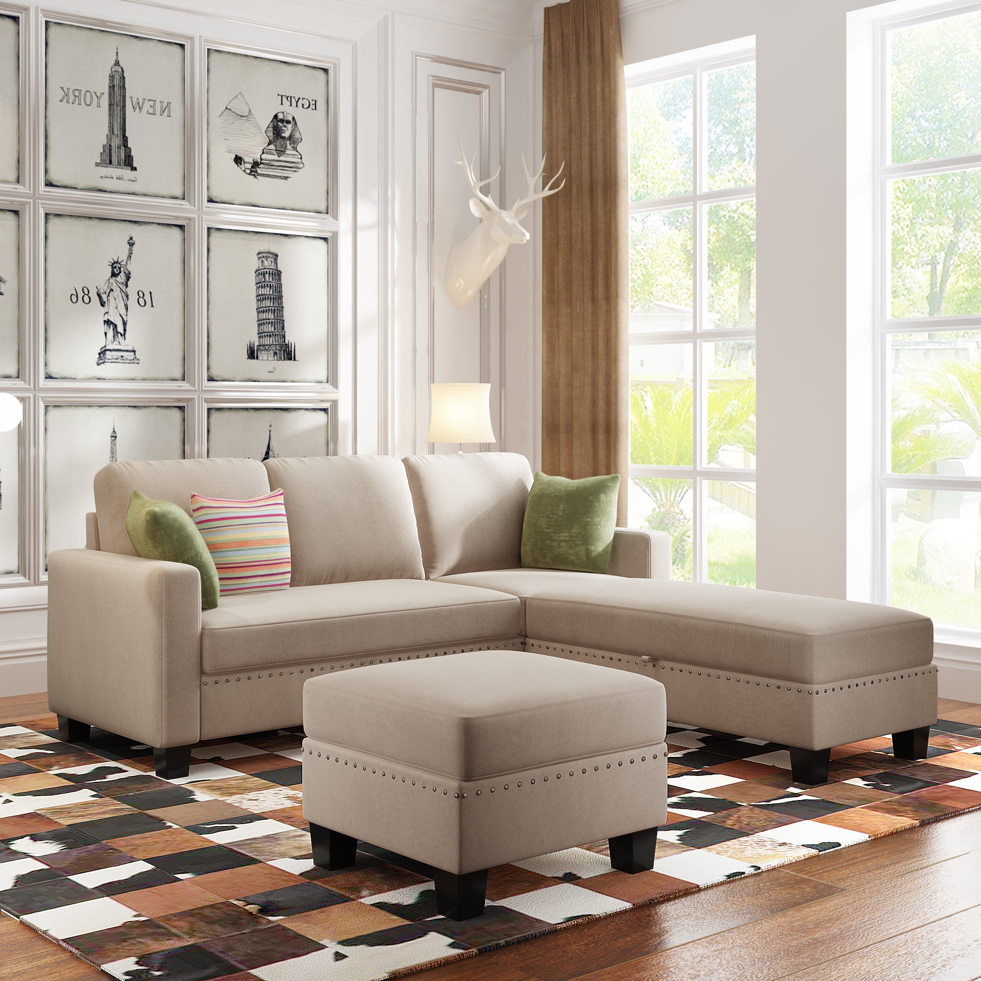 [New] [VIDEO provided] 81.1*76.3*35" Reversible Sectional Couch with Storage Ottoman L-Shaped Sofa Warm Grey