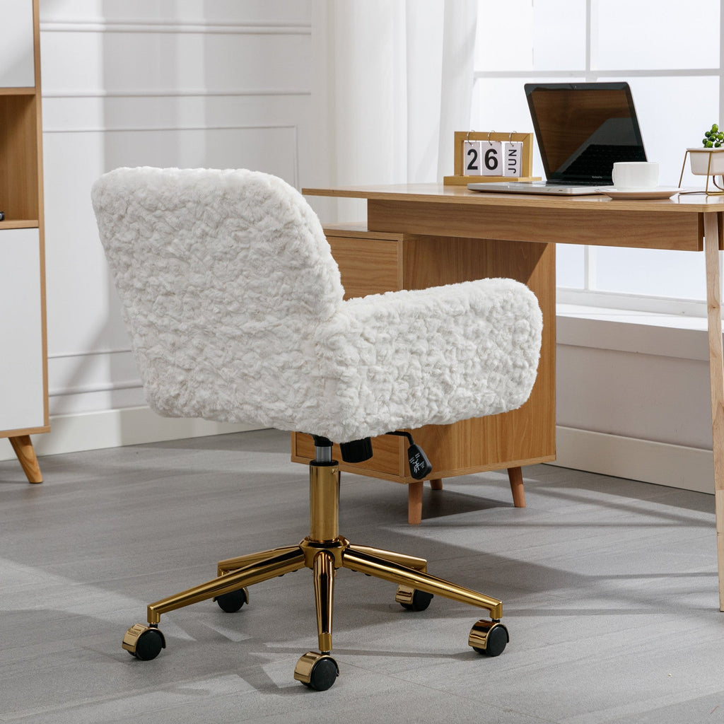 Artificial rabbit hair gold metal base home office chair adjustable chair rotating office chair, dressing chair (beige)