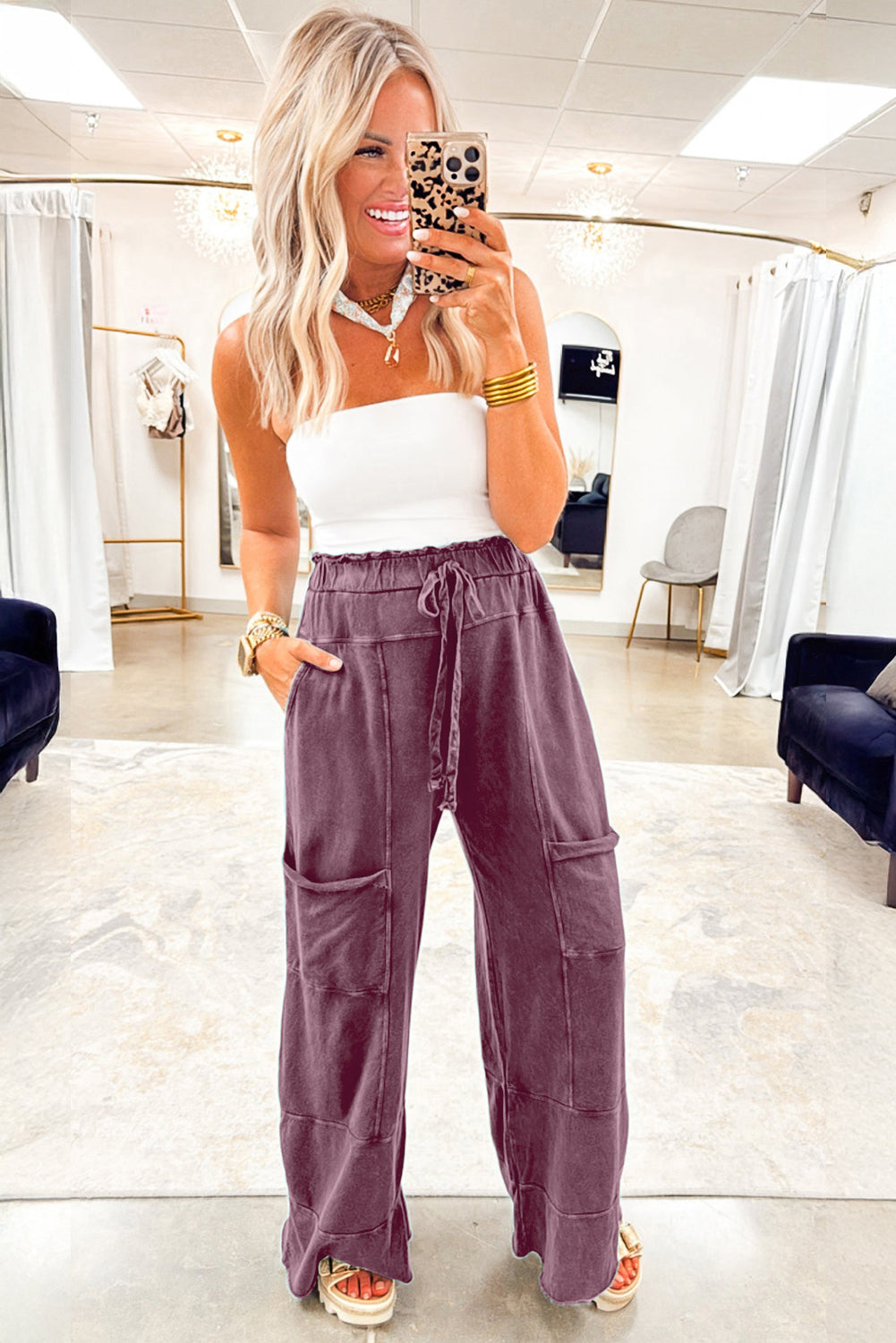 Wild Ginger  Mineral Wash Knot High Waist Raw Hem Pants Shewin