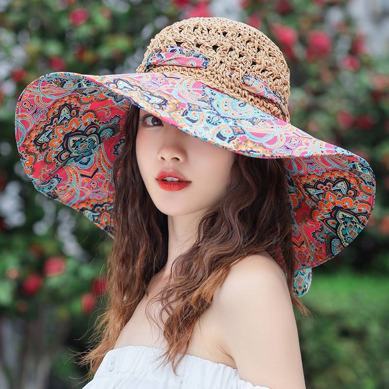 Women's Patterned Straw Beach Sun Hat – Round Crown UV Protection Summer Hat FitiqueFit