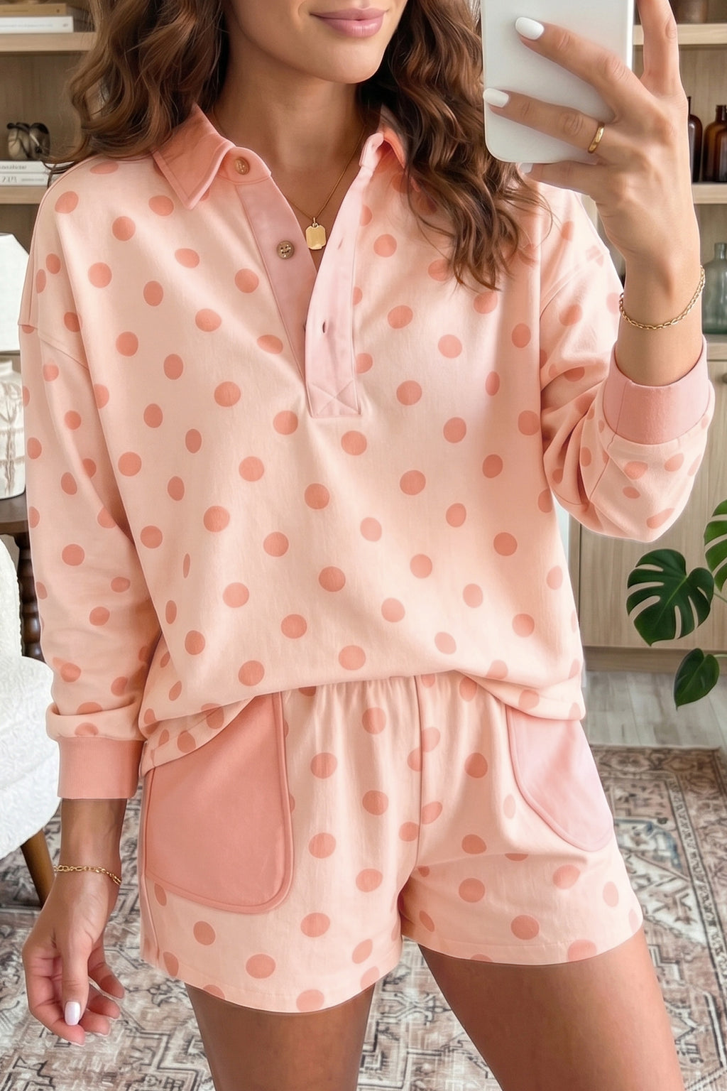 Sky Blue Polka Dot Drop Shoulder Polo Loose Pullover Patch Pocket Casual Shorts Set Shewin
