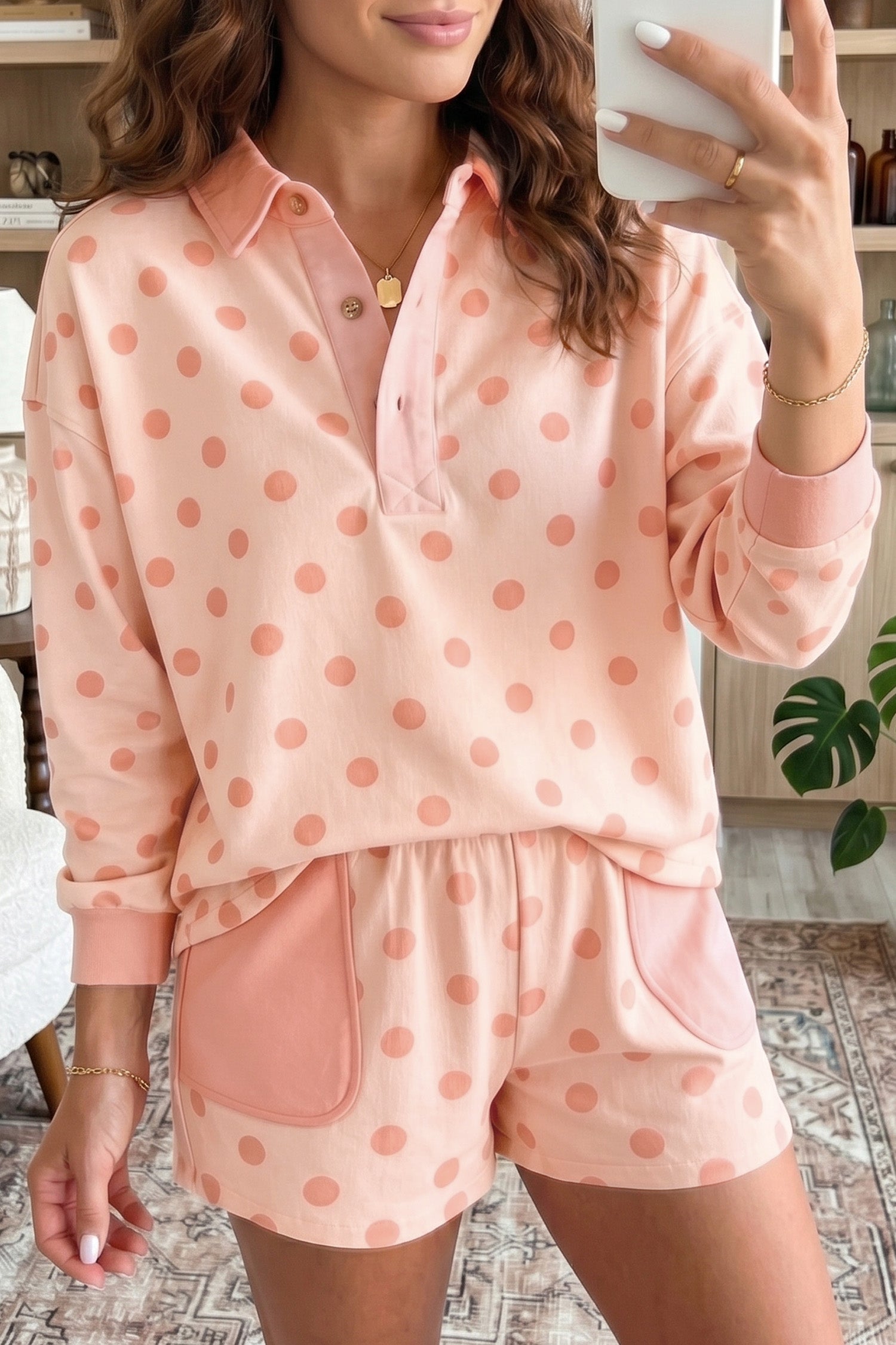 Sky Blue Polka Dot Drop Shoulder Polo Loose Pullover Patch Pocket Casual Shorts Set Shewin