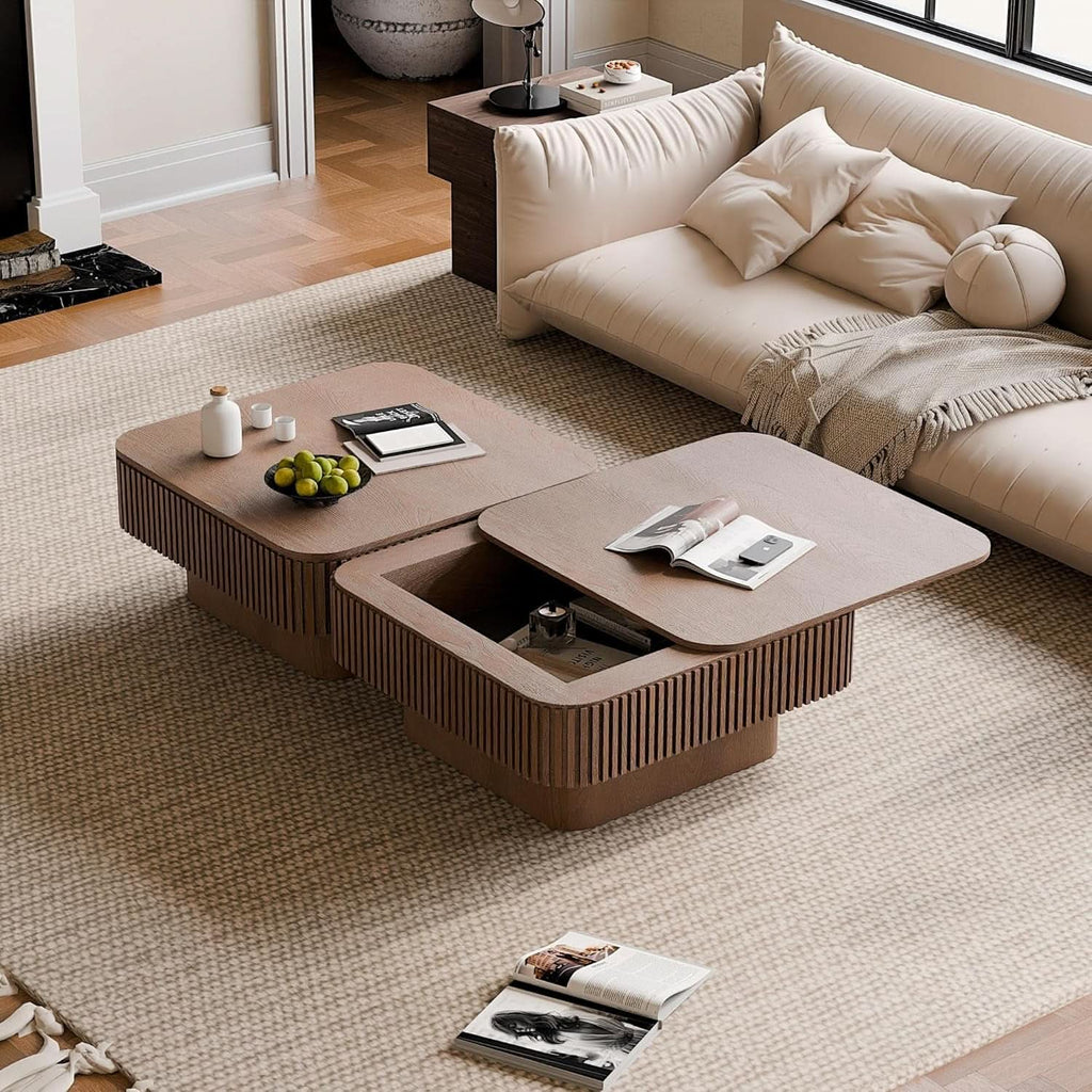 Walnut Square Coffee Table Featuring Concealed Storage