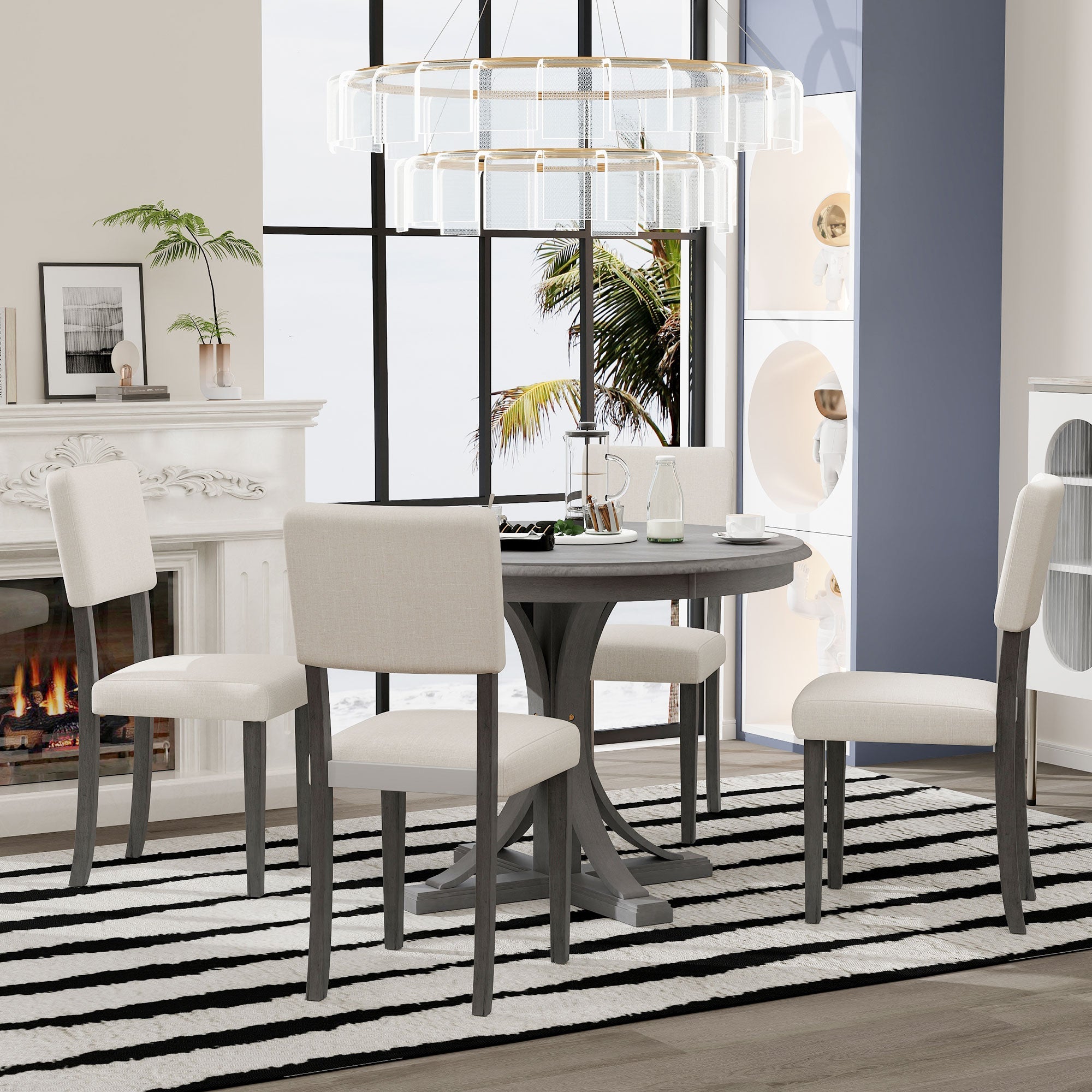 TREXM Five Piece Retro Round Dining Table Set with Curved Brackets and 4 Restaurant Cushioned Chairs (Dark Gray)