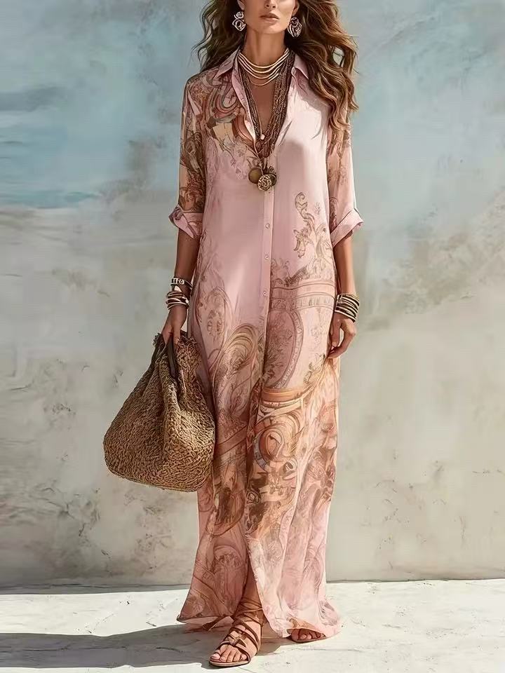 Chiffon Digital Print Vintage Flowy Midi Dress – Women's Button-Front Sundress FitiqueFit