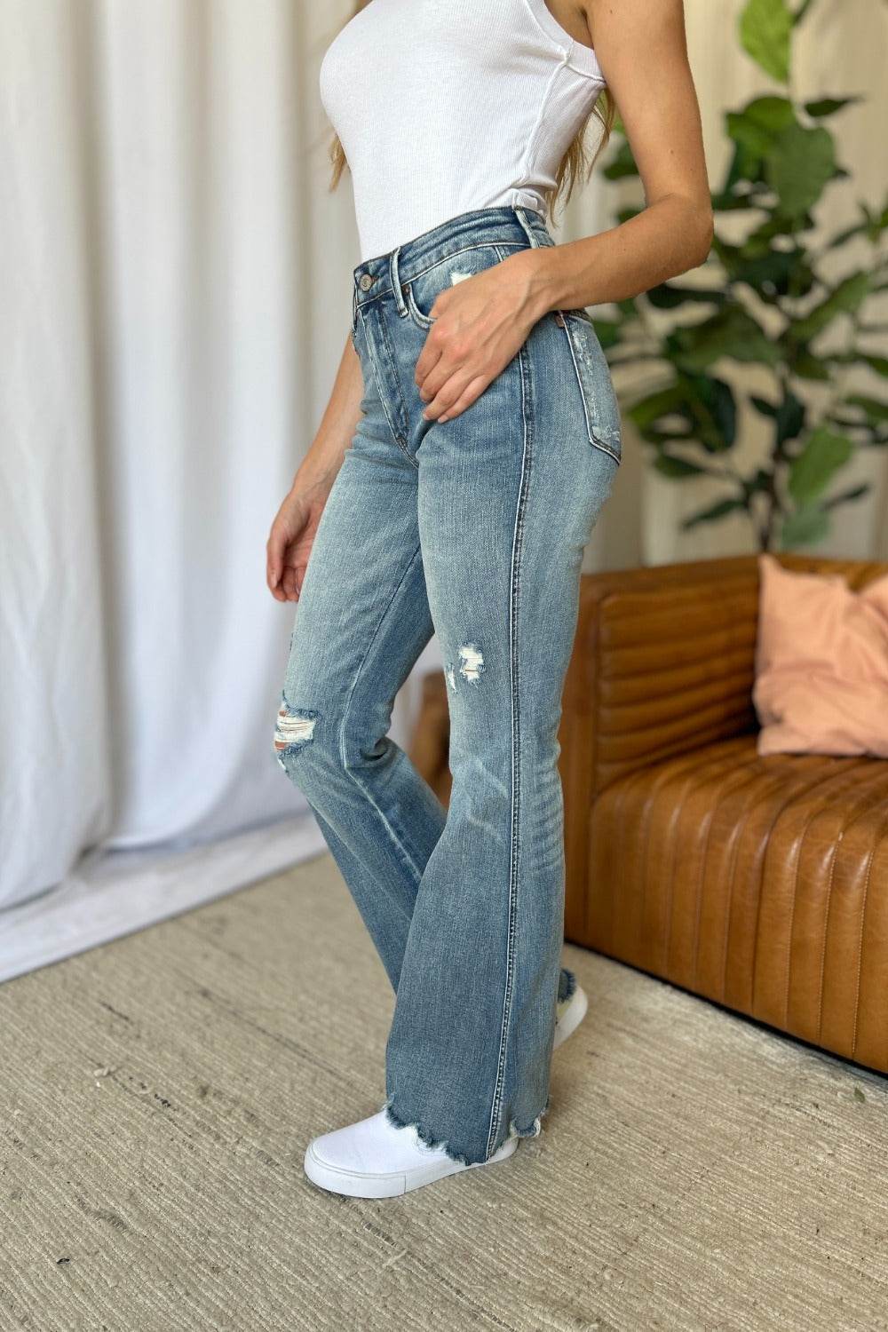Judy Blue Full Size Medium Rise Tummy Control Destroy Flare Women Jeans