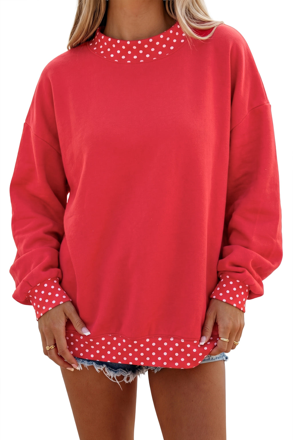 Brown Colorblock Polka Dot Contrast Trim Oversized Sweatshirt