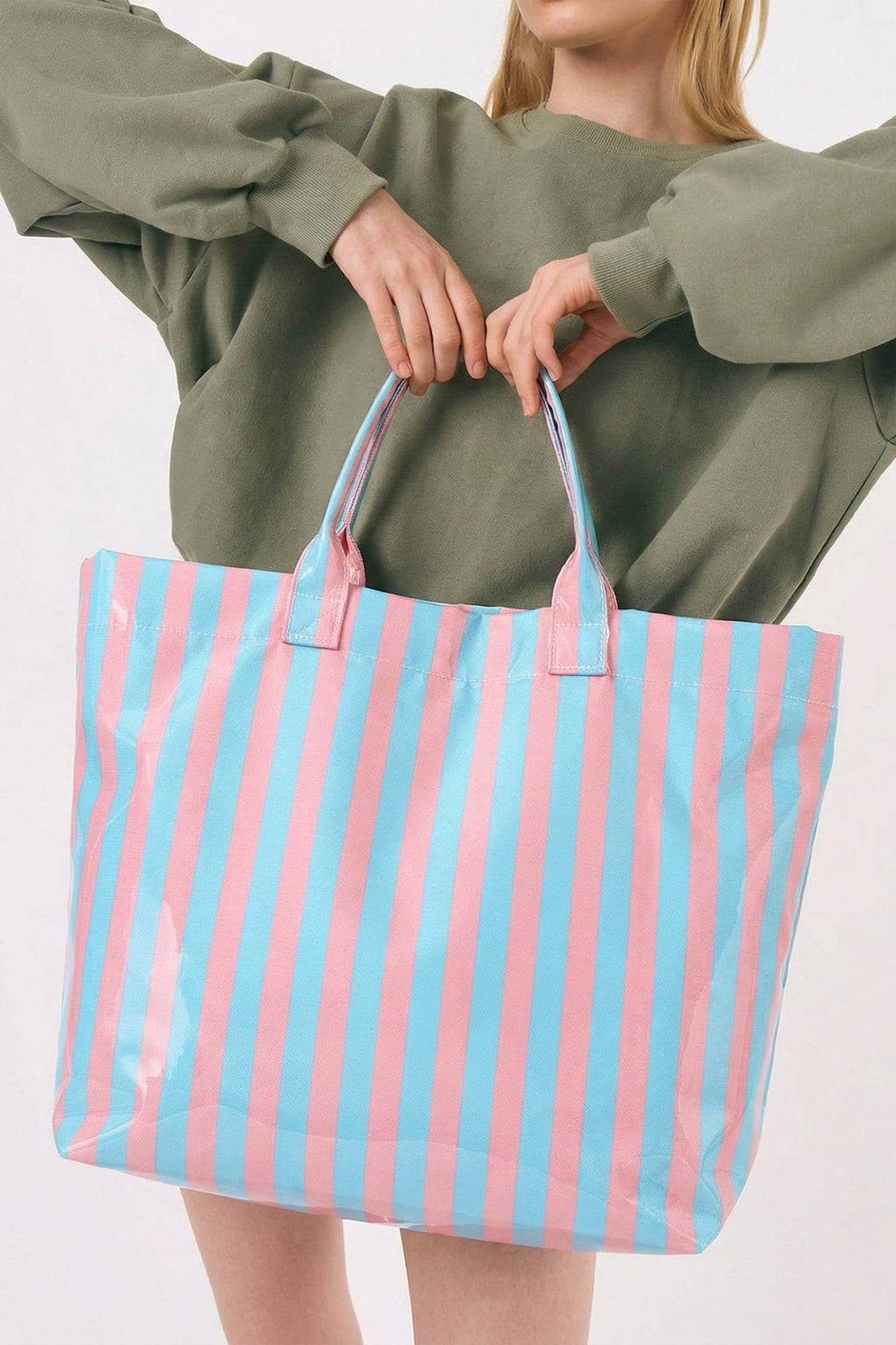 Red Glossy Striped Vinyl Large Tote Bag (Color Varied) Shewin