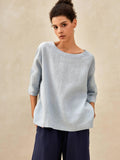 100% Linen Gingham Checked Boatneck 3/4 Length Sleeve Top AURORA LINTICO