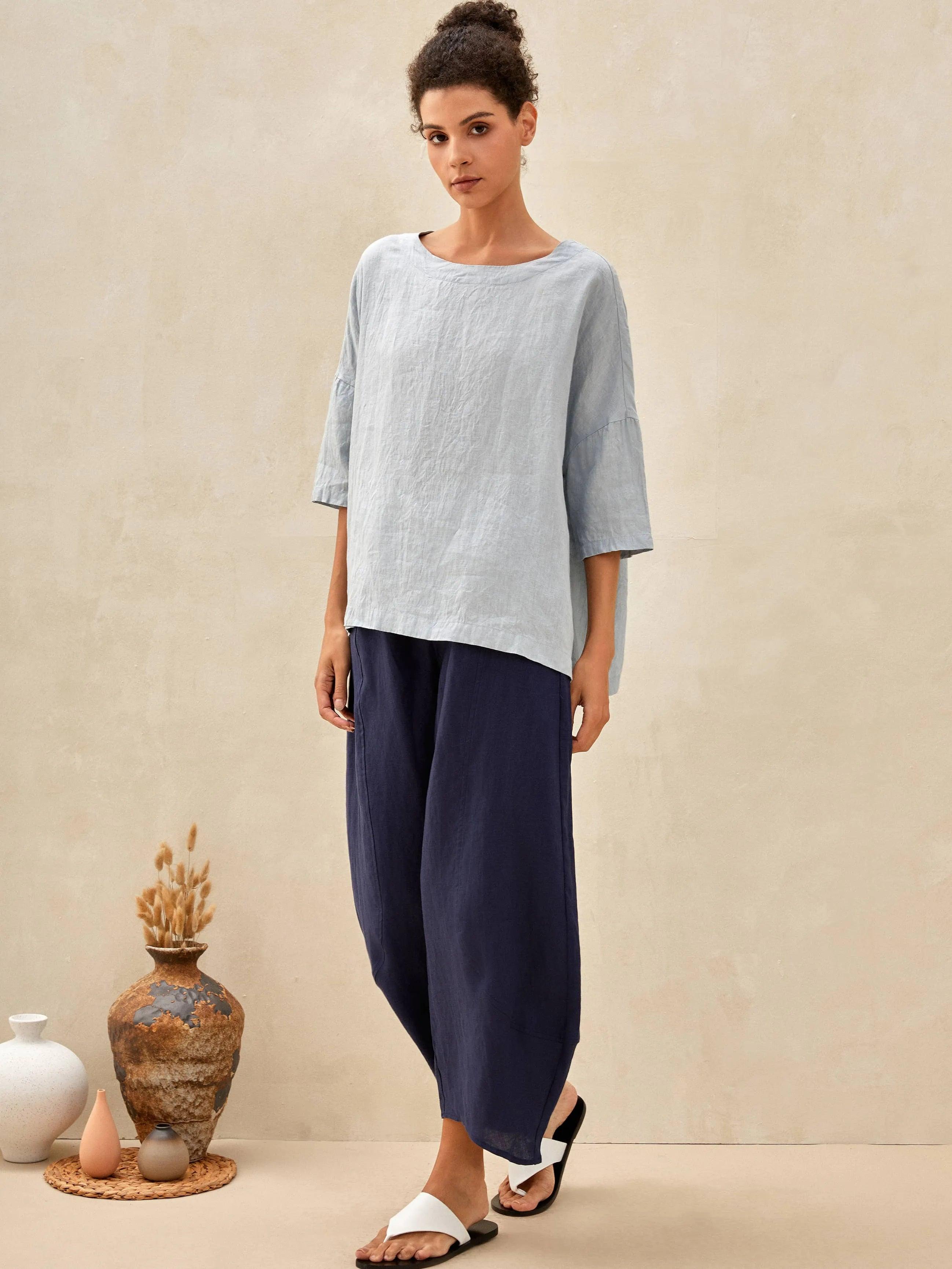 100% Linen Boatneck 3/4 Length Sleeve Top AURORA