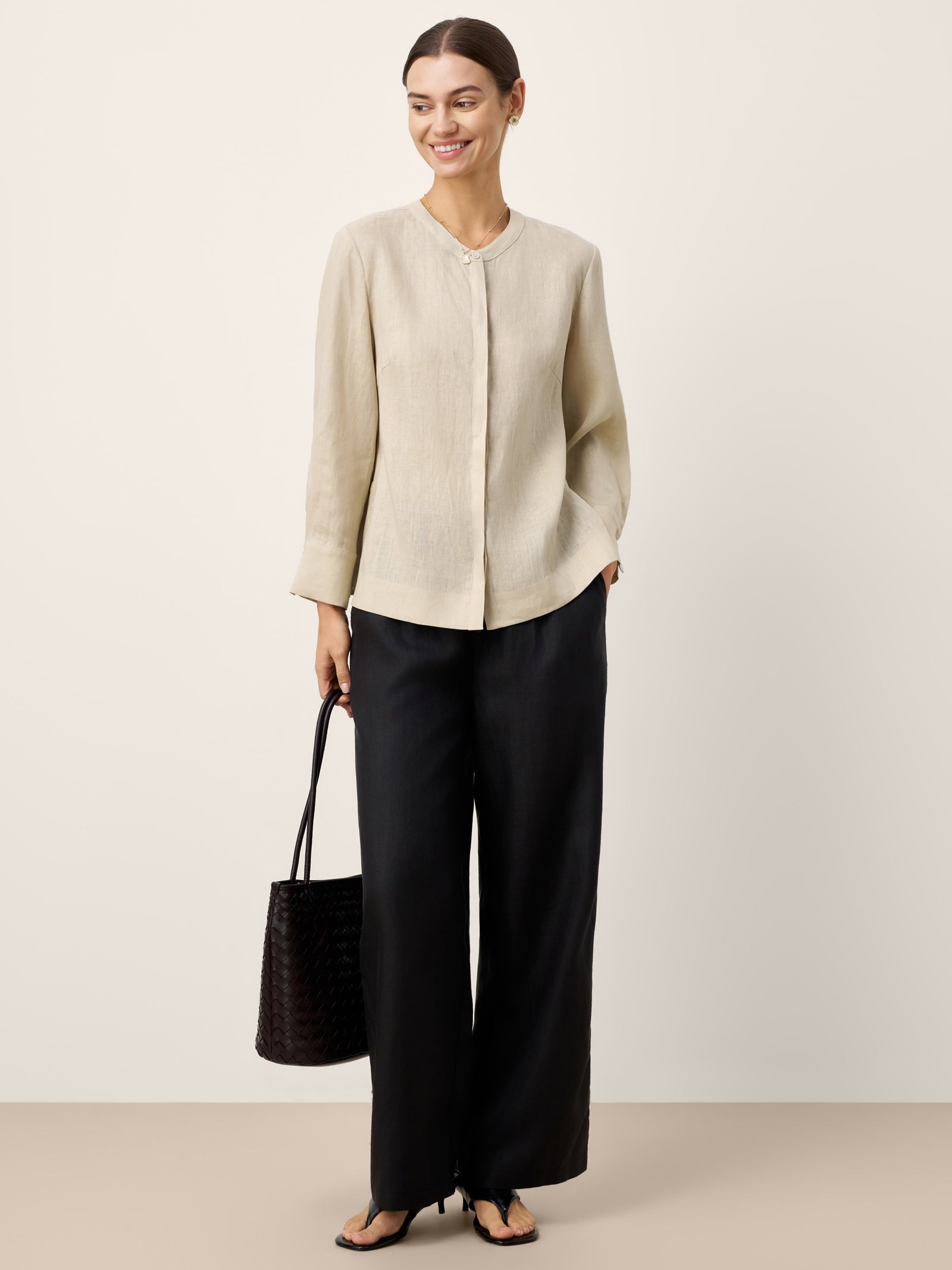 100% Linen Hidden Button Crew Neck Shirt INES LINTICO