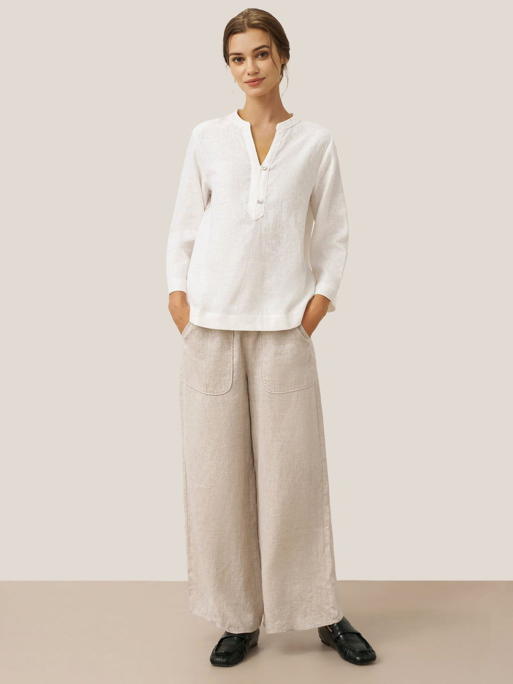 100% Linen Deep V-Neck Pullover with Button-Trim JOLYNE LINTICO