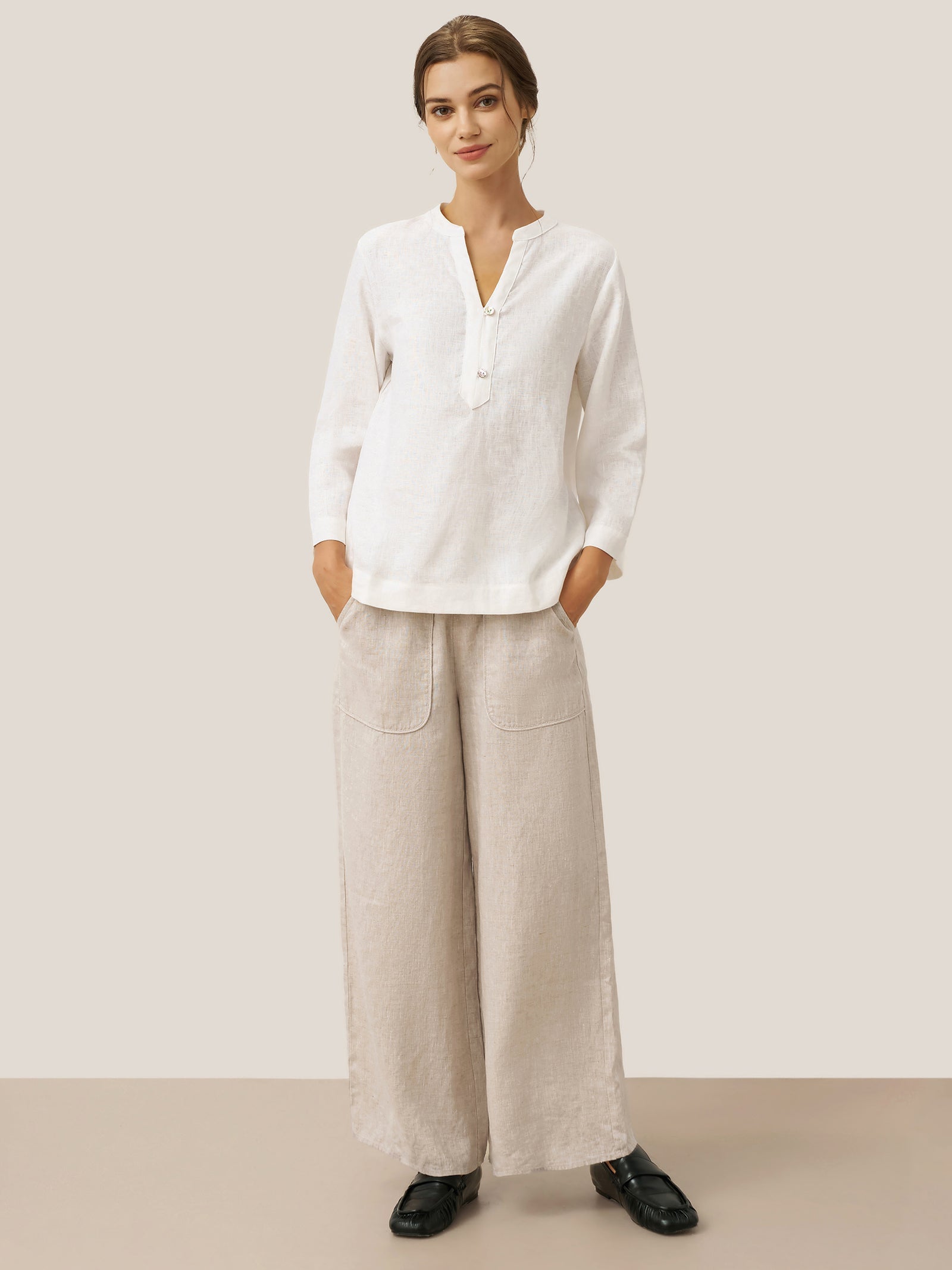 100% Linen Deep V-Neck Pullover with Button-Trim JOLYNE LINTICO