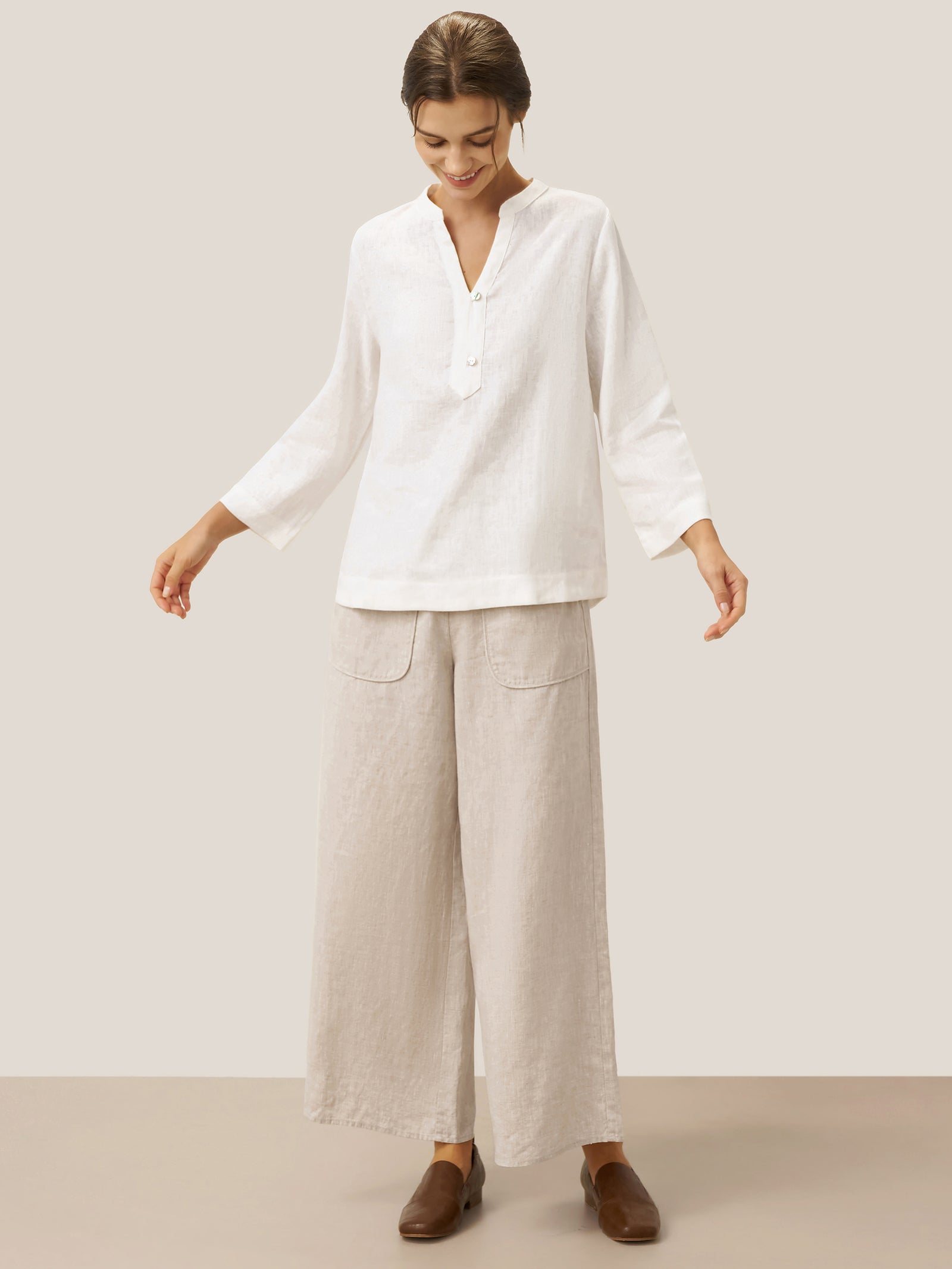 100% Linen Deep V-Neck Pullover with Button-Trim JOLYNE LINTICO