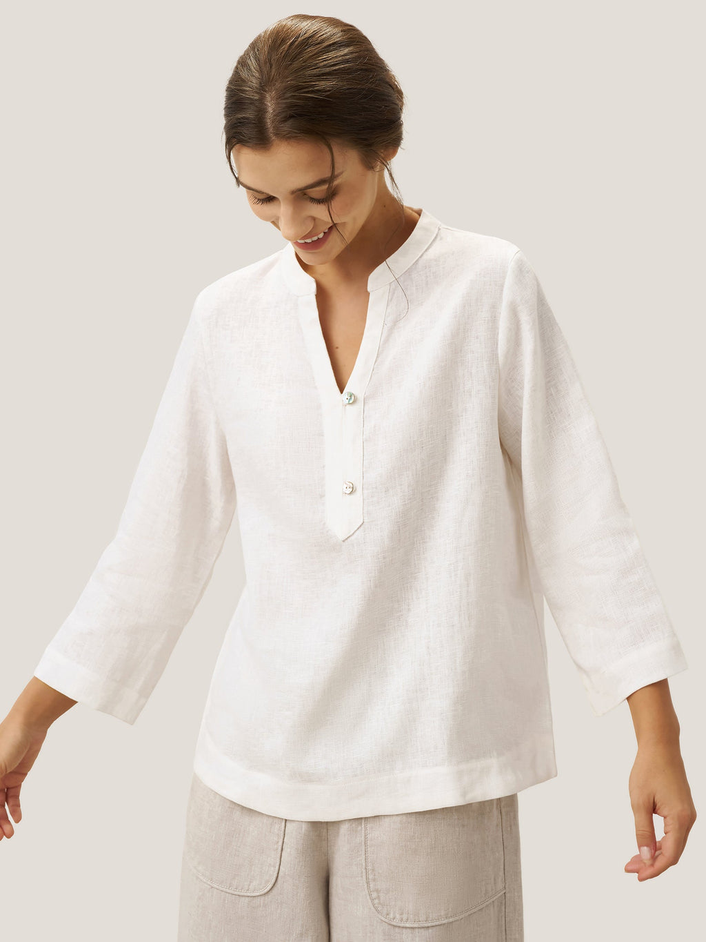 100% Linen Deep V-Neck Pullover with Button-Trim JOLYNE LINTICO