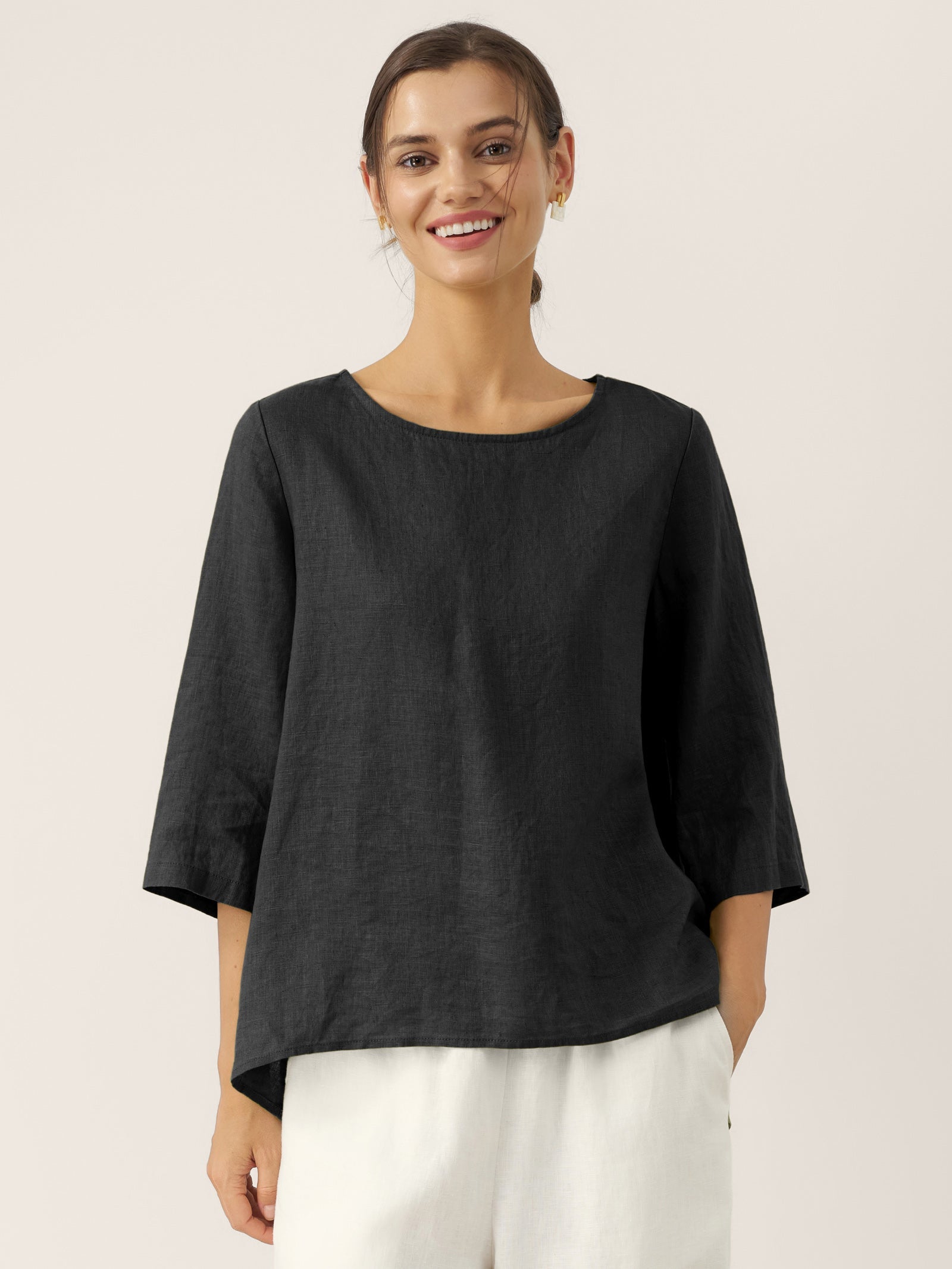 100% Linen Round Neck Asymmetrical Hem Top BRIANNA LINTICO