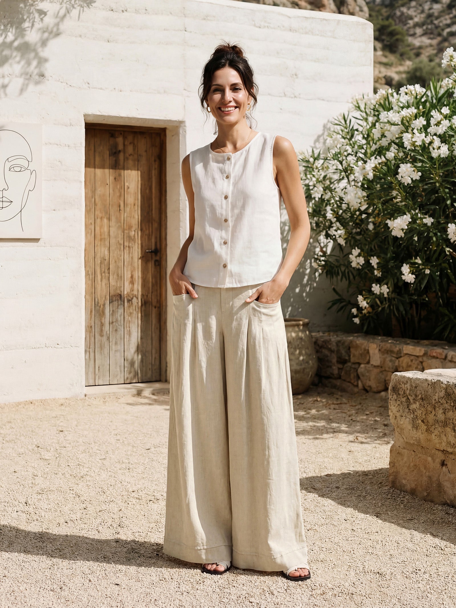 100% Linen Sculpted Pleat Elasticated Back Relaxed Pants VERIDIANA LINTICO