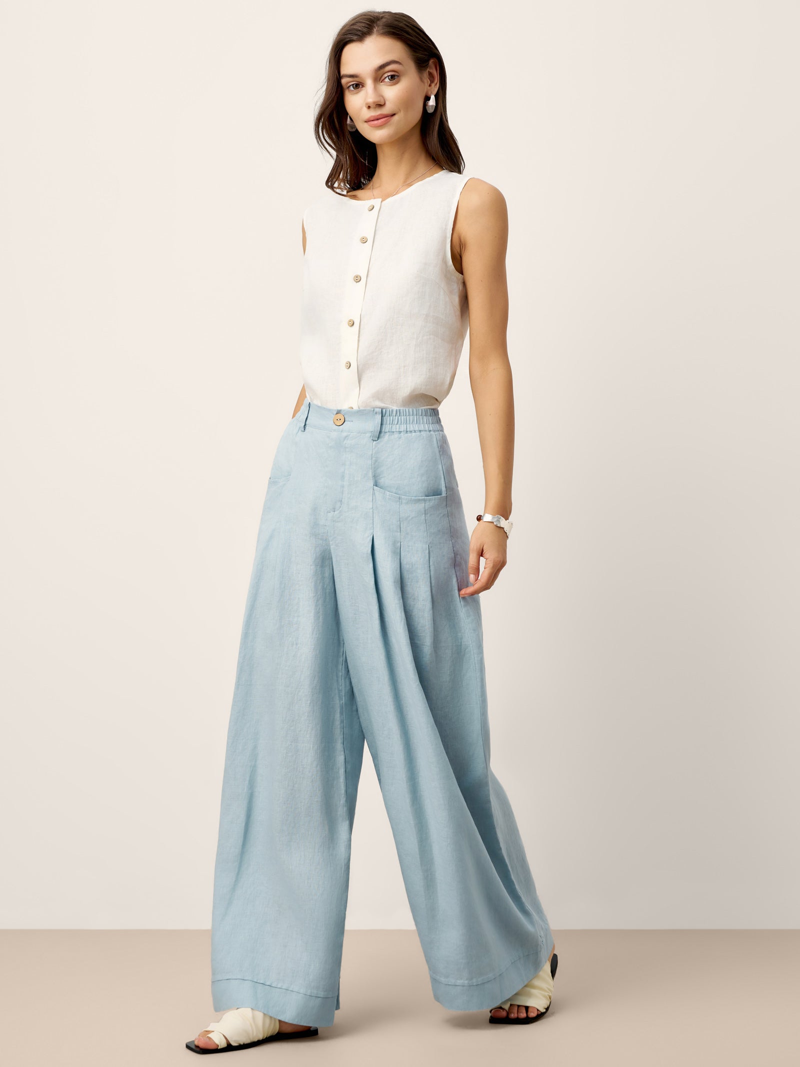 100% Linen Sculpted Pleat Elasticated Back Relaxed Pants VERIDIANA LINTICO