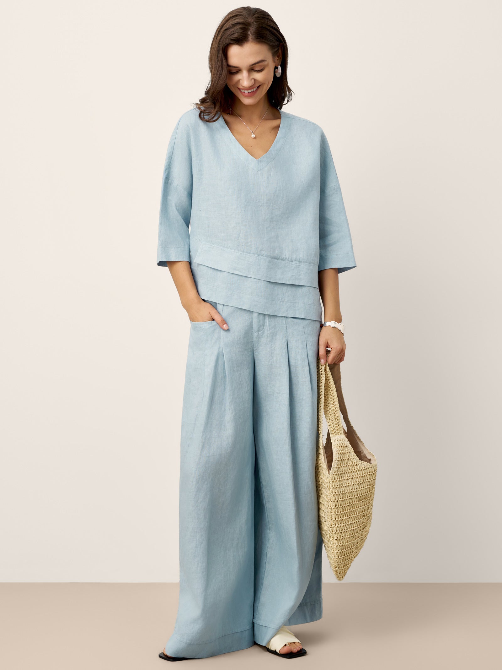 100% Linen Sculpted Pleat Elasticated Back Relaxed Pants VERIDIANA LINTICO