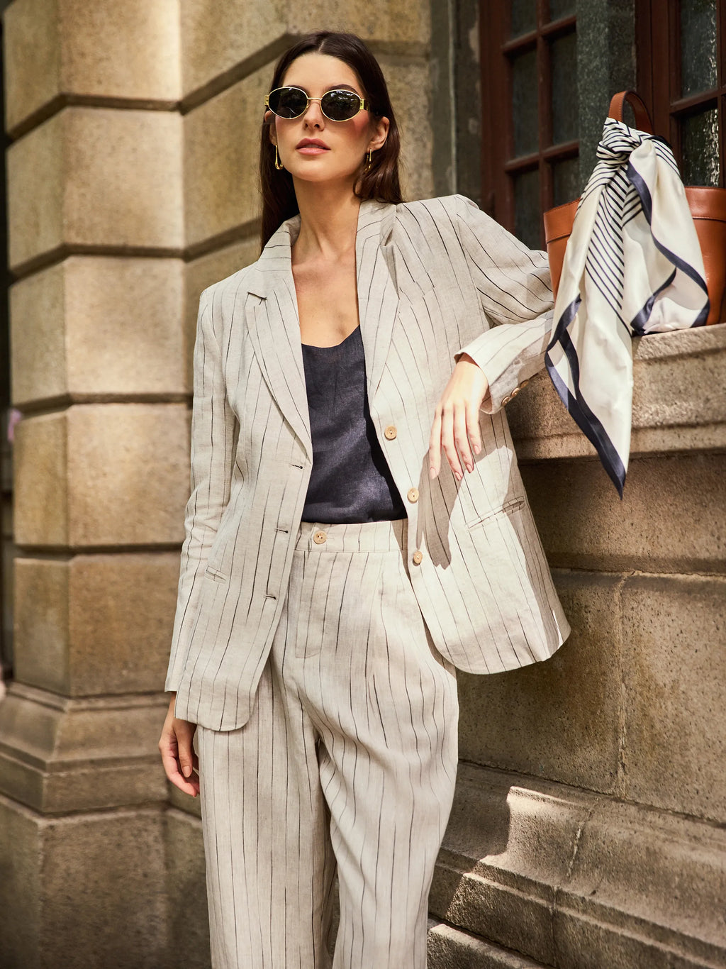 100% Linen Sketch Stripe Straight-Leg Pants ELOISE LINTICO