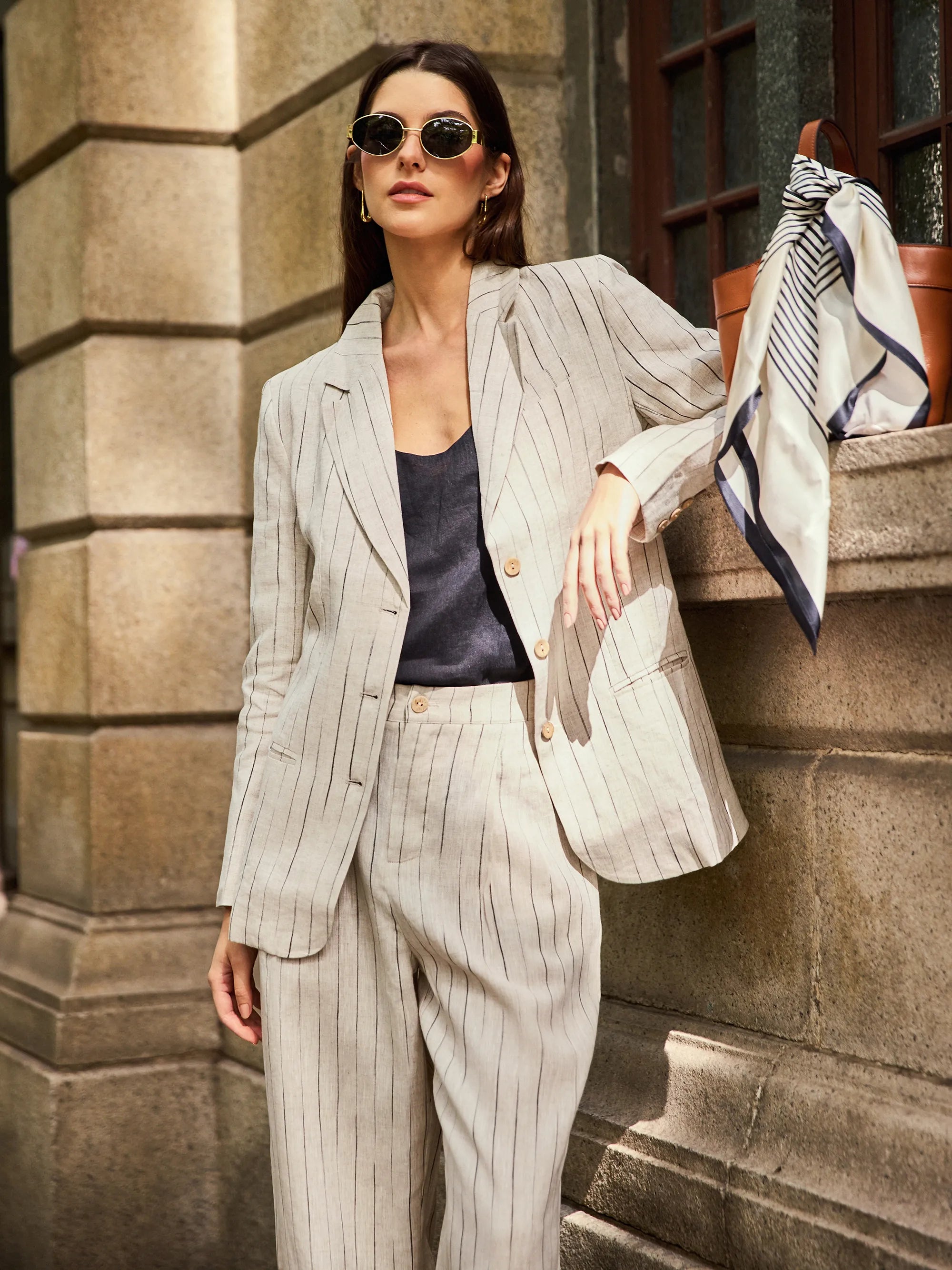 100% Linen Sketch Stripe Straight-Leg Pants ELOISE LINTICO