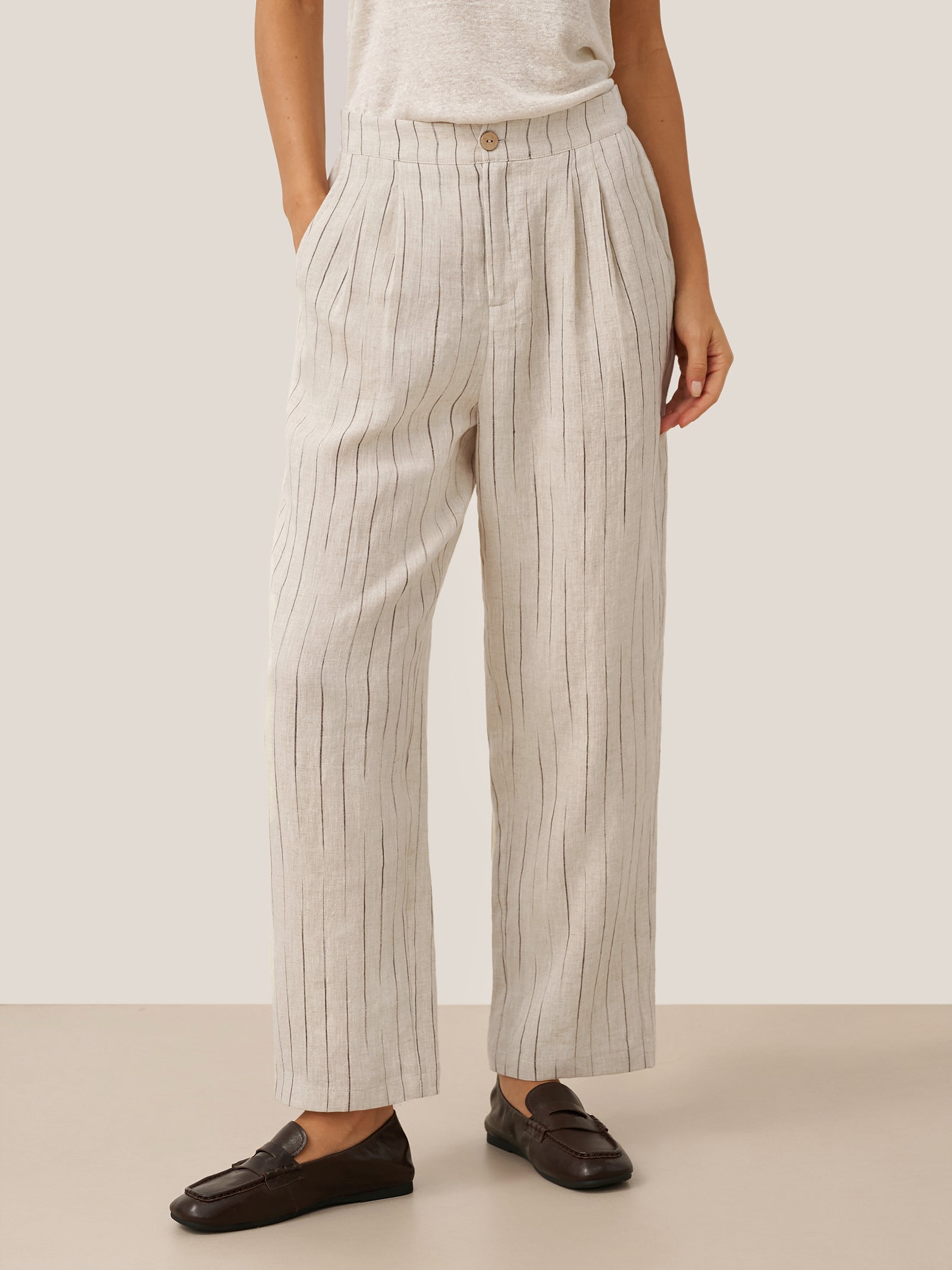 100% Linen Sketch Stripe Straight-Leg Pants ELOISE LINTICO