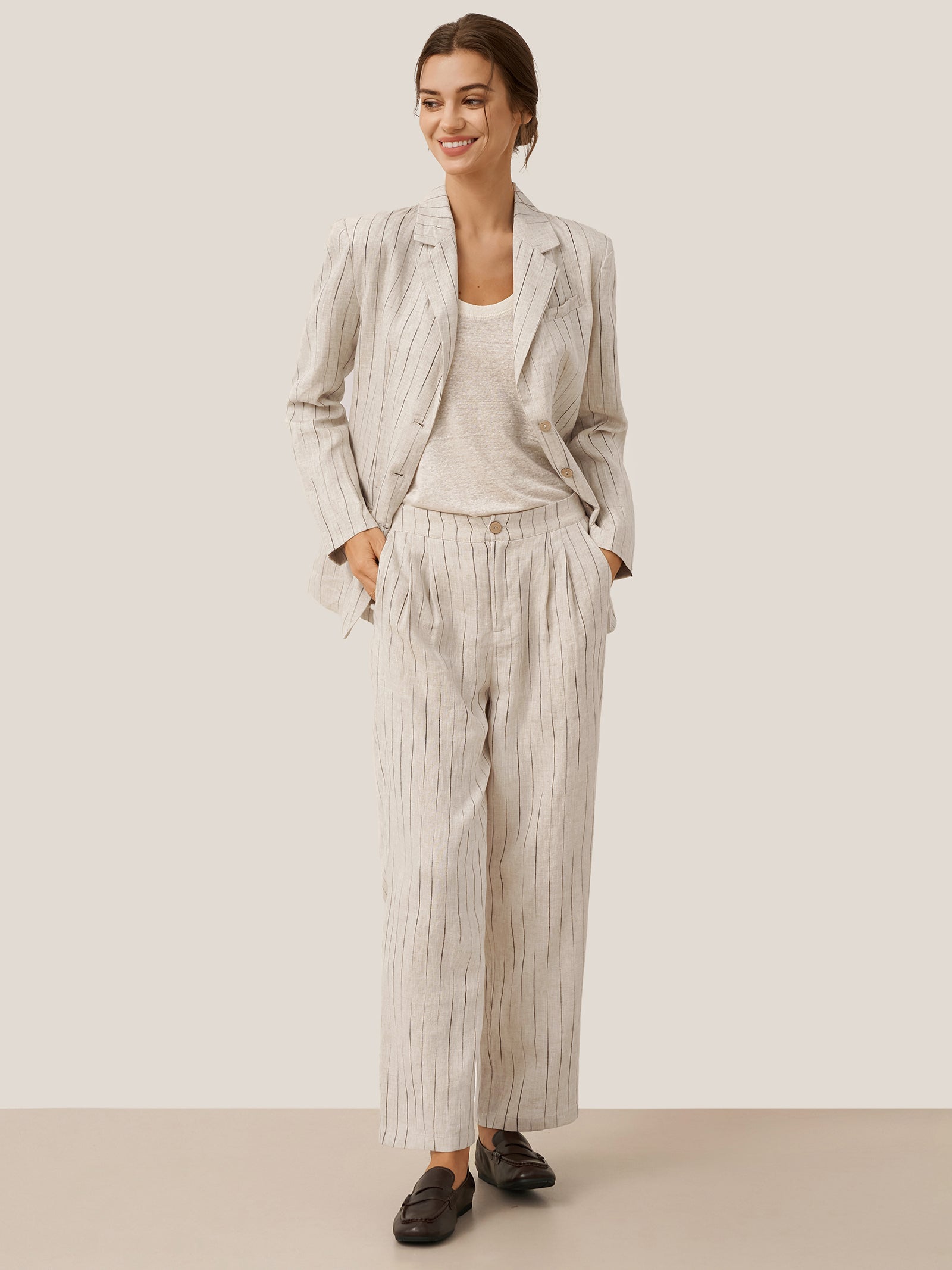 100% Linen Sketch Stripe Straight-Leg Pants ELOISE LINTICO