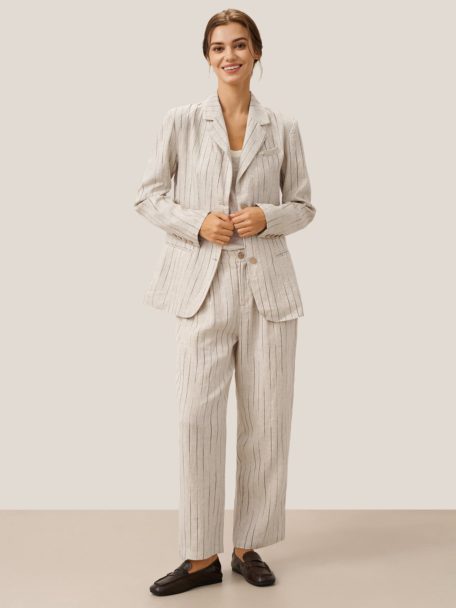 100% Linen Sketch Stripe Straight-Leg Pants ELOISE LINTICO