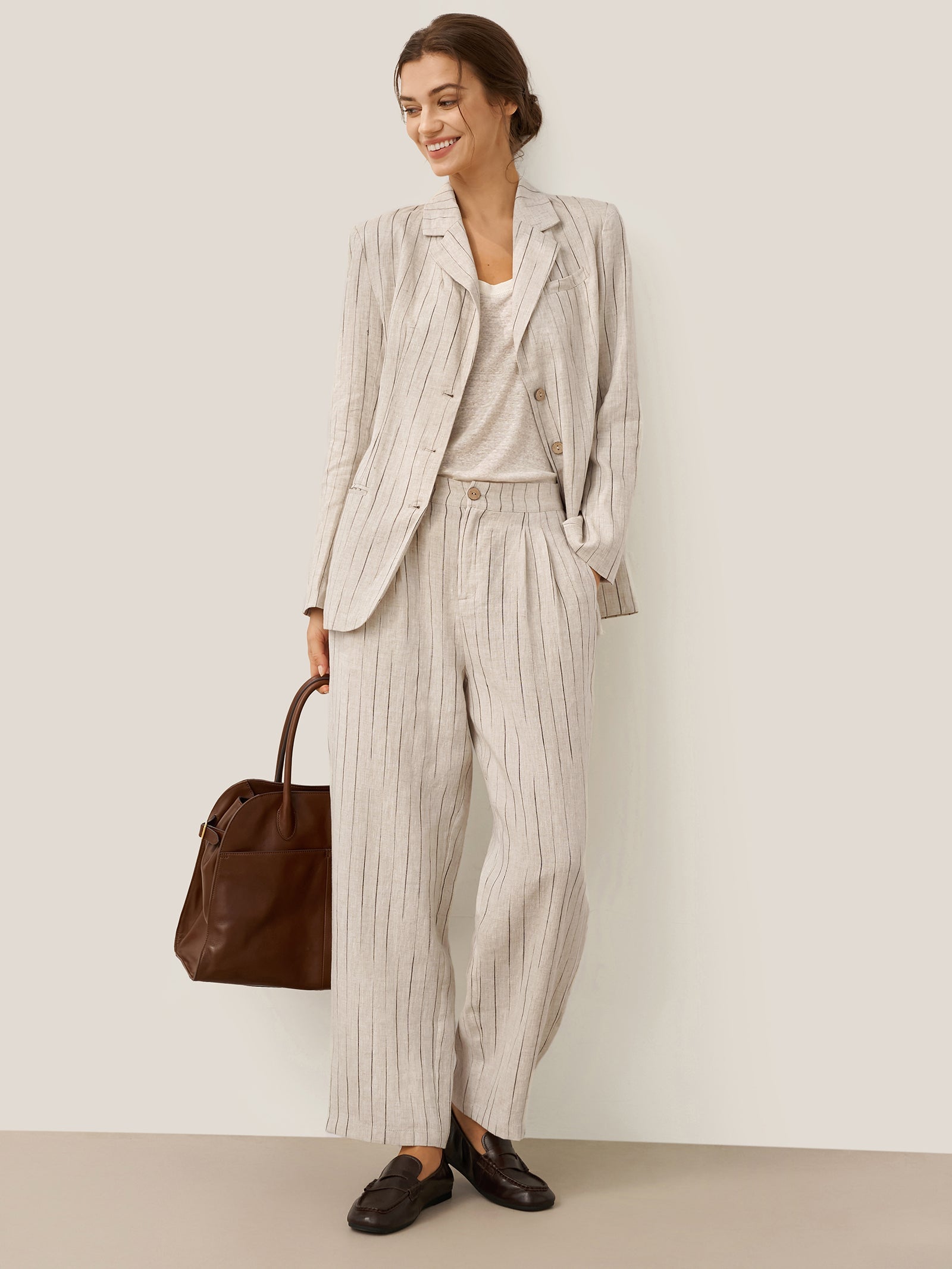 100% Linen Sketch Stripe Straight-Leg Pants ELOISE LINTICO