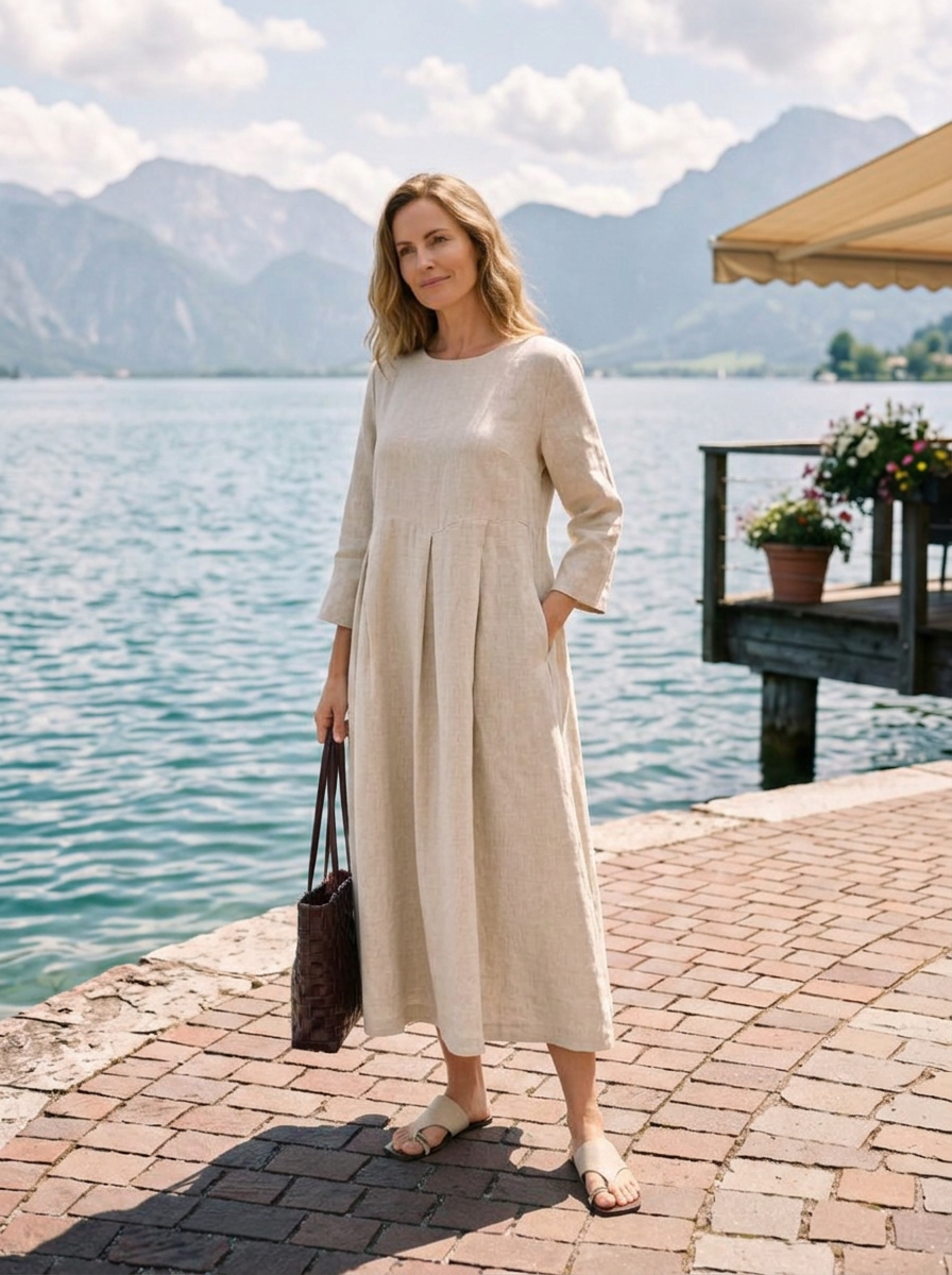 100% Linen Bateau Neck Pleated Midi Dress ABIGAIL