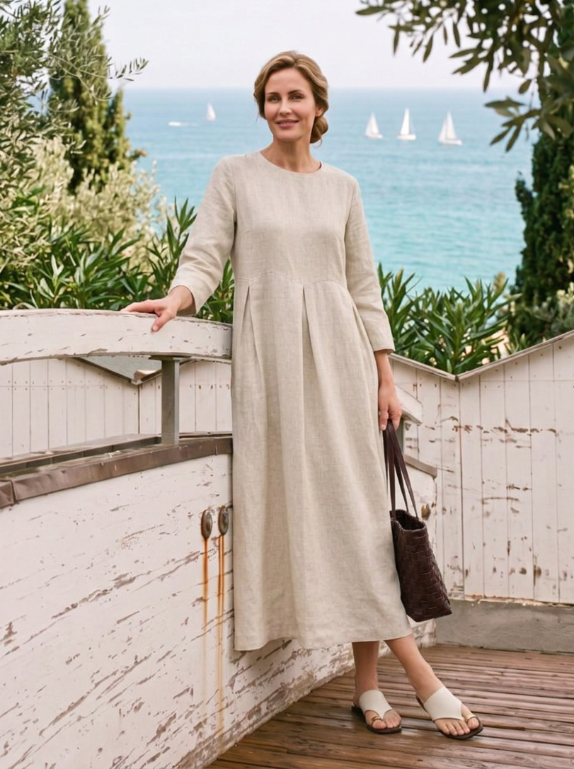 100% Linen Bateau Neck Pleated Midi Dress ABIGAIL LINTICO