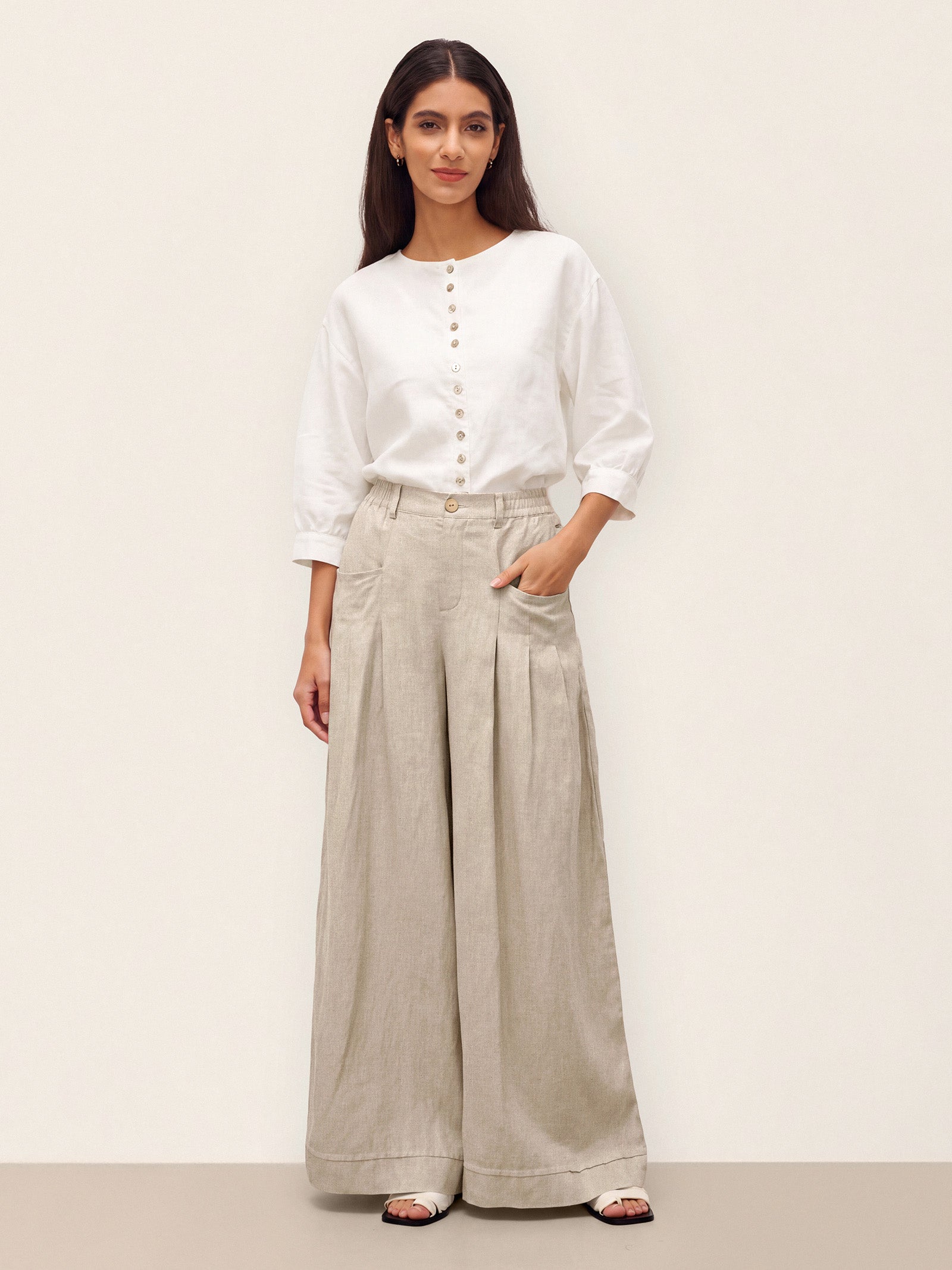 100% Linen Button-Front Drop Shoulder Shirt EASTER LINTICO