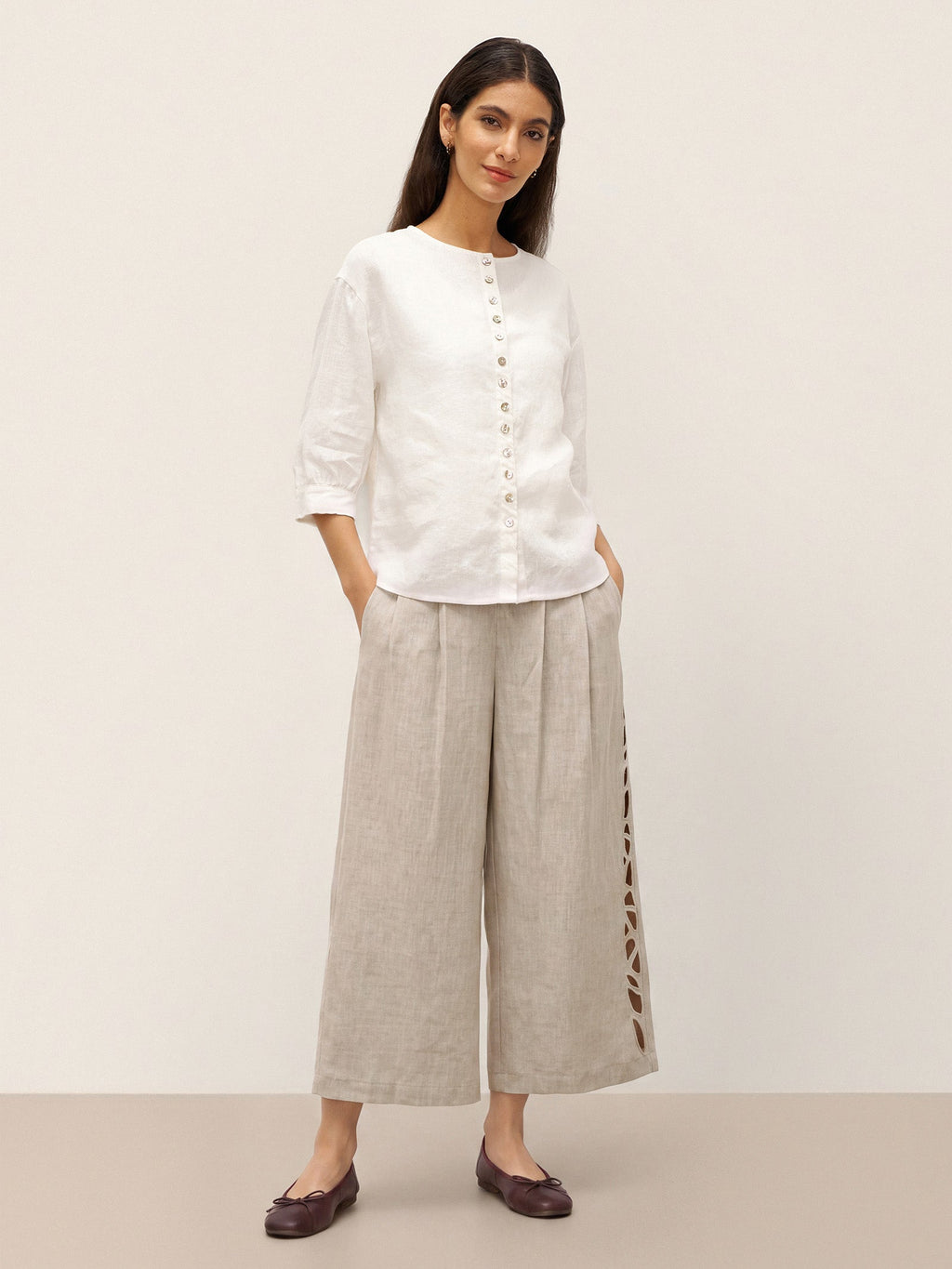 100% Linen Button-Front Drop Shoulder Shirt EASTER LINTICO