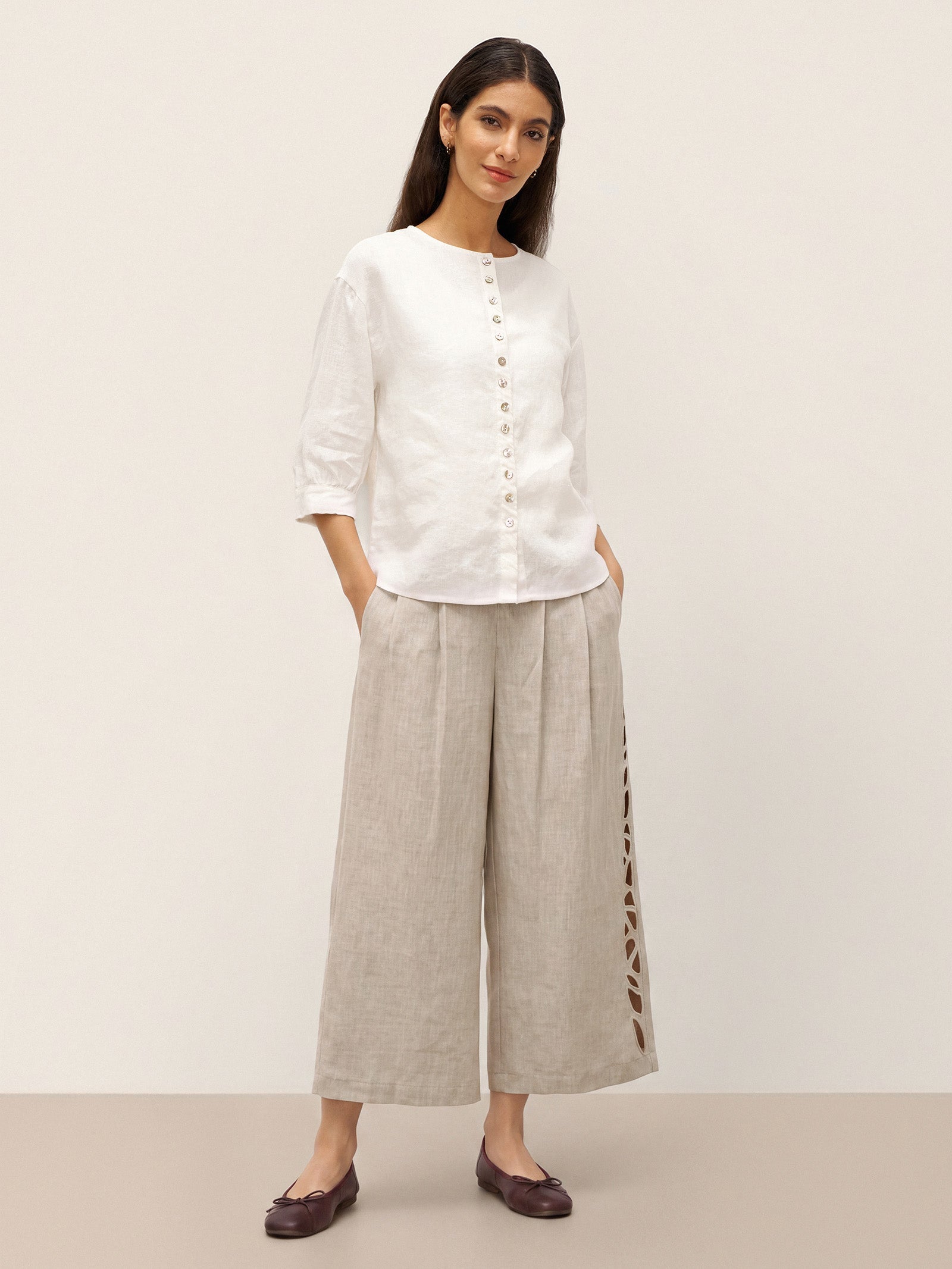 100% Linen Button-Front Drop Shoulder Shirt EASTER LINTICO