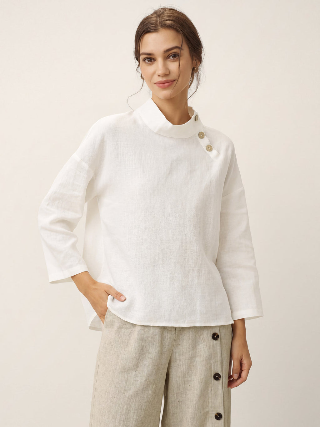 100% Linen Classic Side Neck Top CORA LINTICO